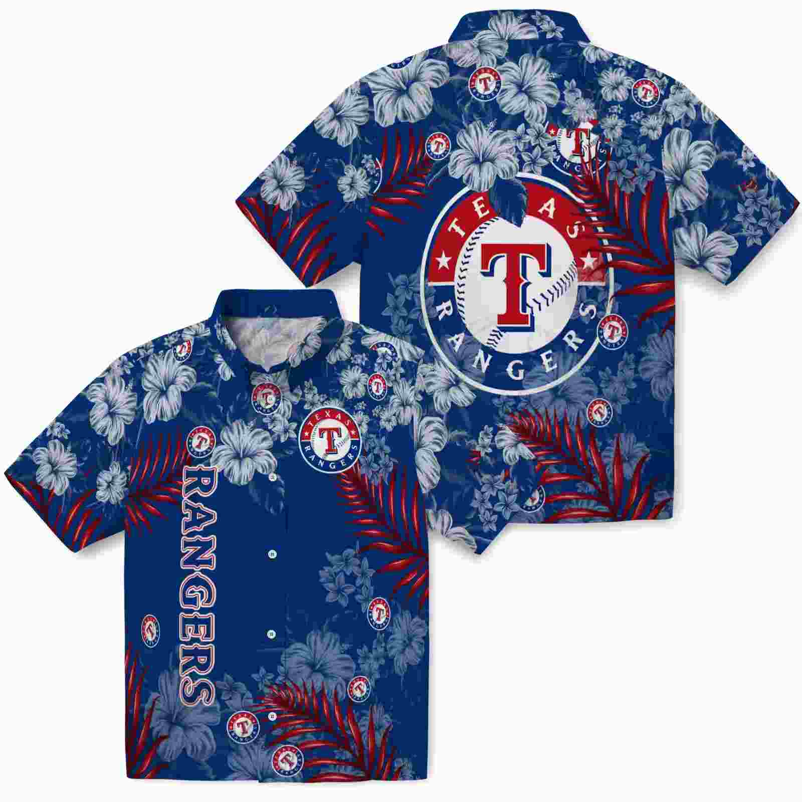 texas rangers hibiscus print blue hawaiian shirt high quality