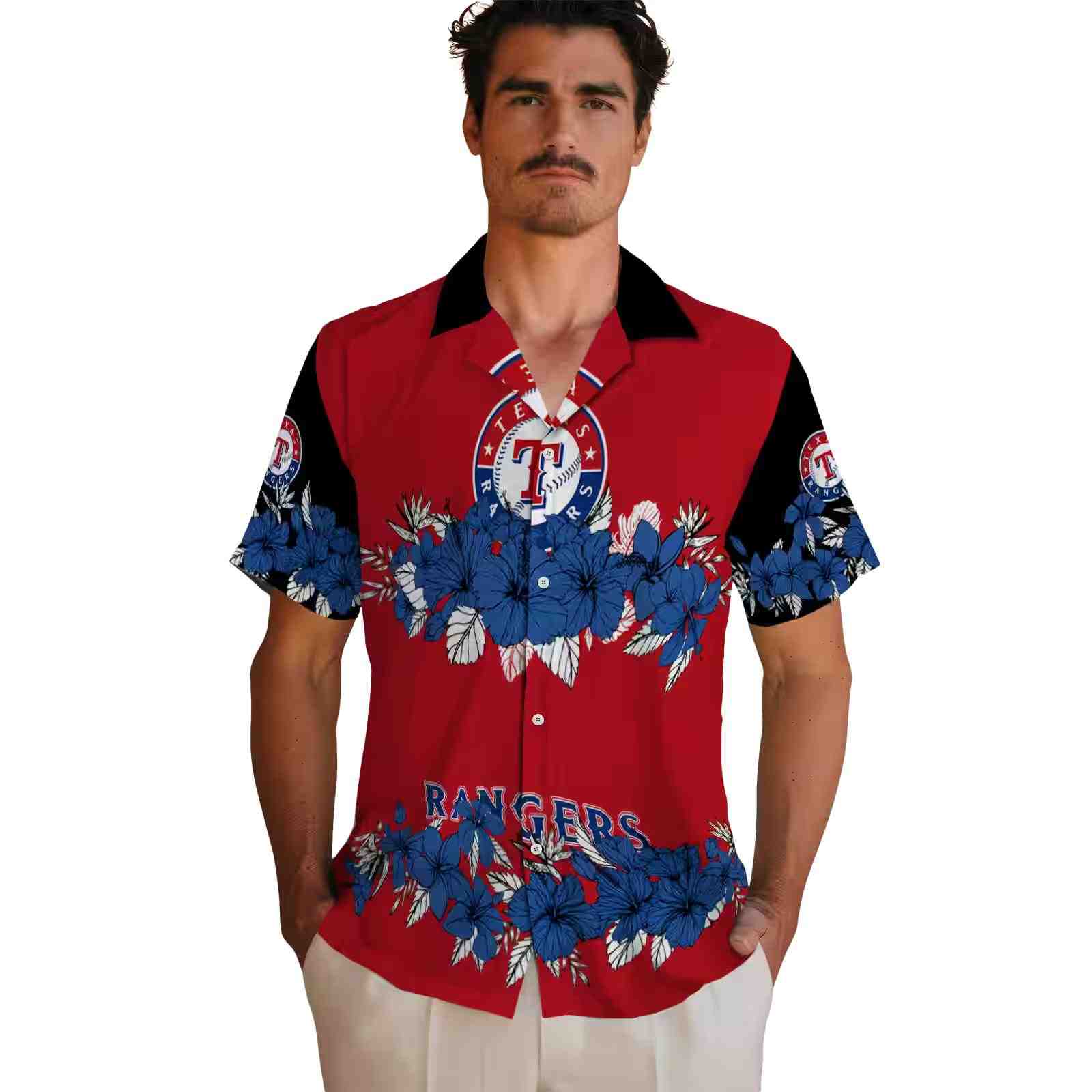 texas rangers hibiscus stripe blue black hawaiian shirt fashion forward