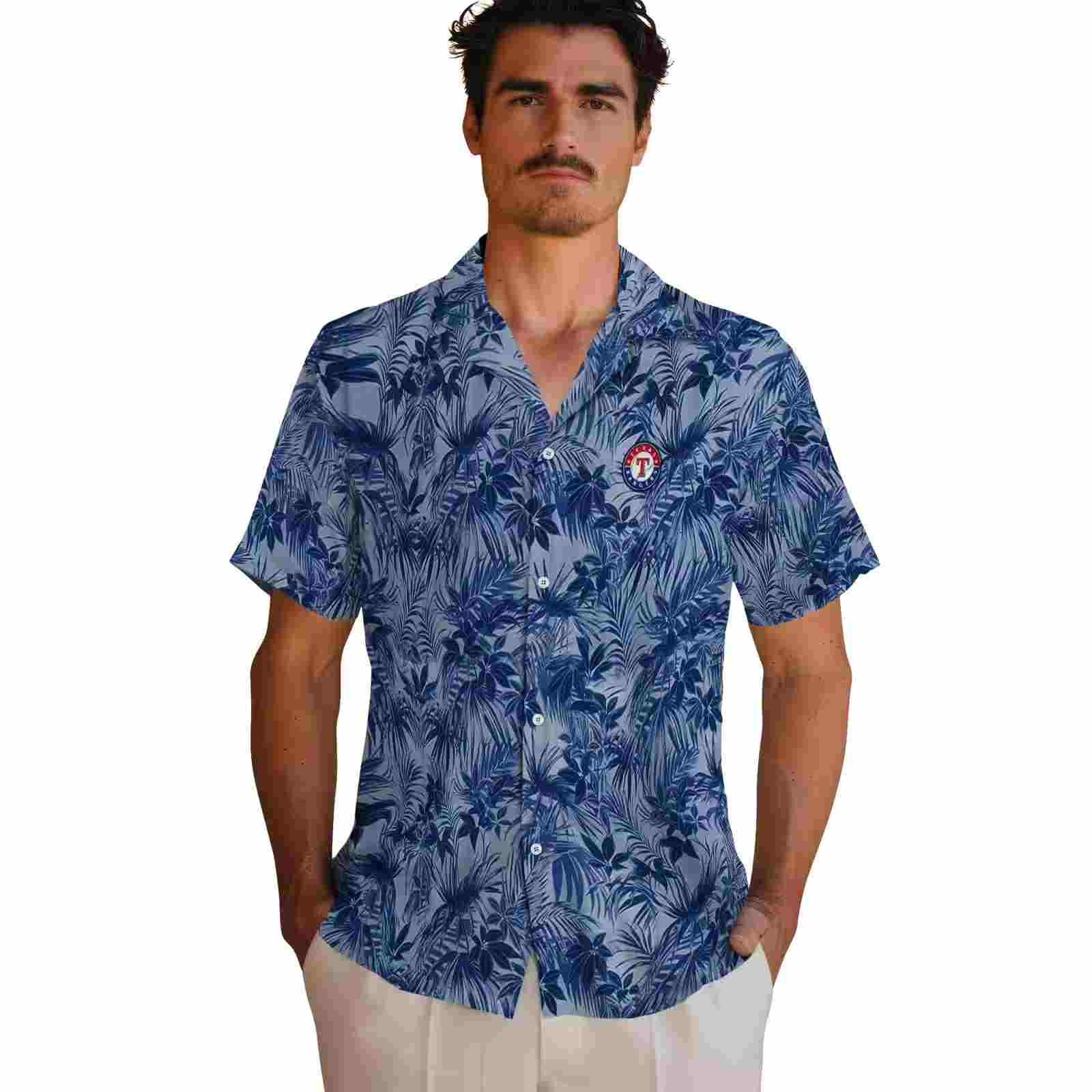 texas rangers leafy pattern blue hawaiian shirt fashion forward