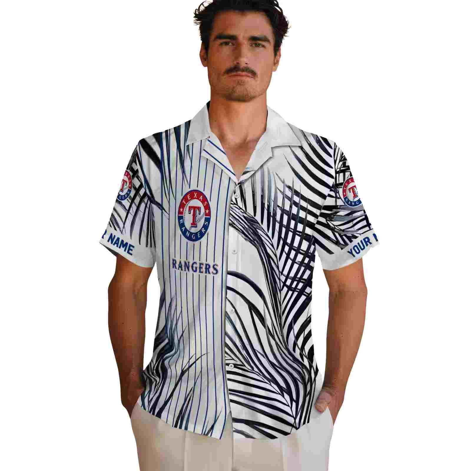 texas rangers palm stripes blue black white hawaiian shirt fashion forward