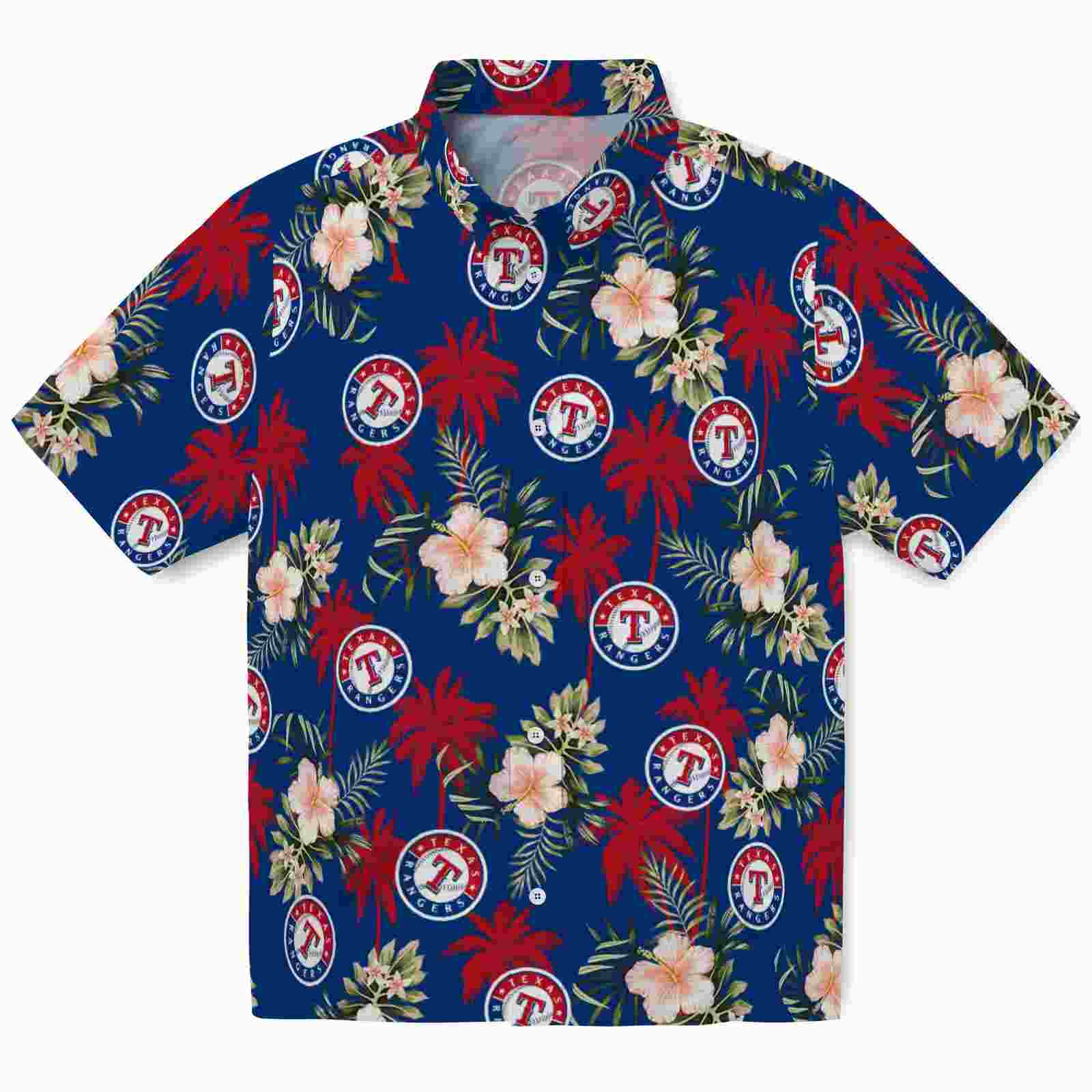 Texas Rangers Palm Tree Flower Blue Hawaiian Shirt