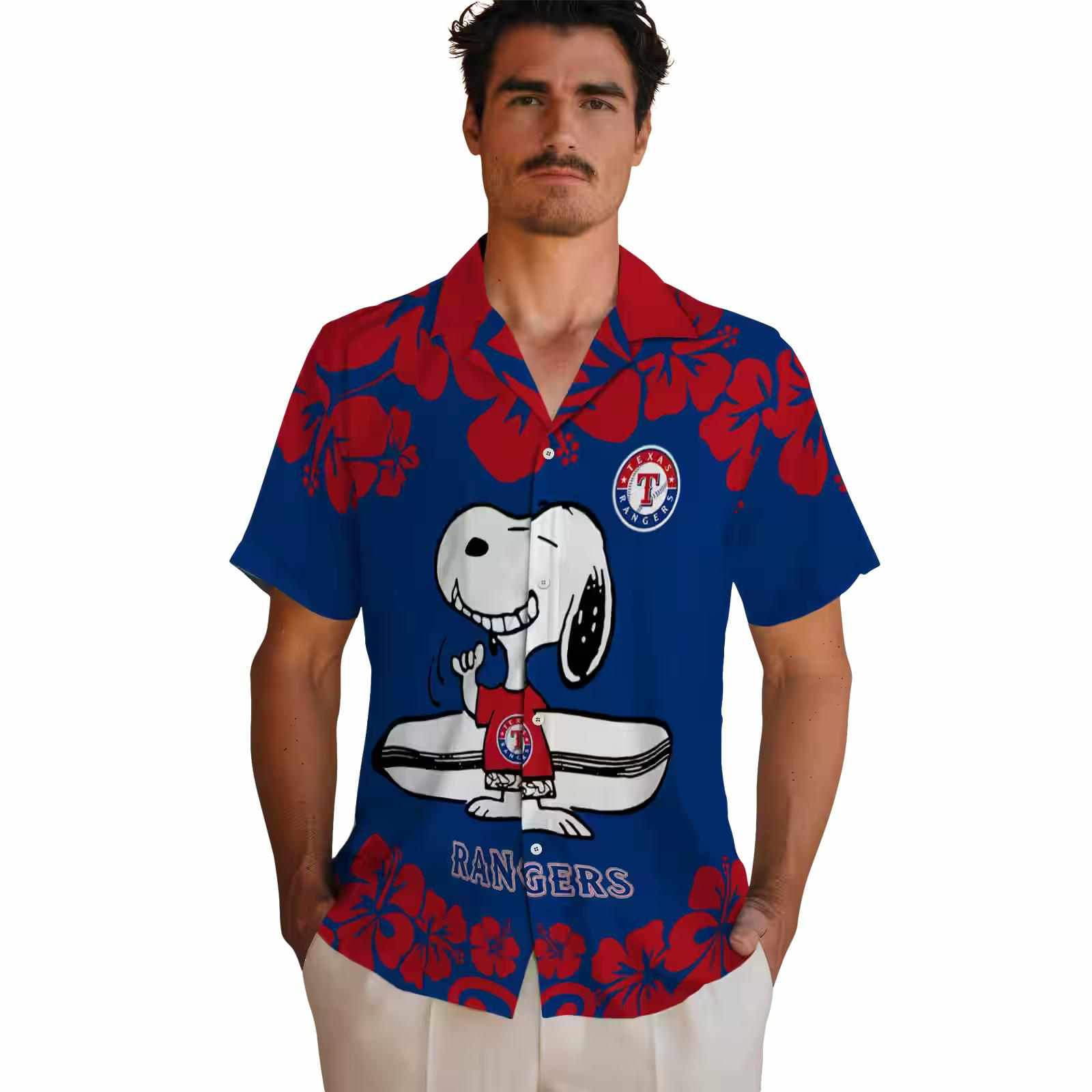 texas rangers snoopy surf blue white hawaiian shirt fashion forward