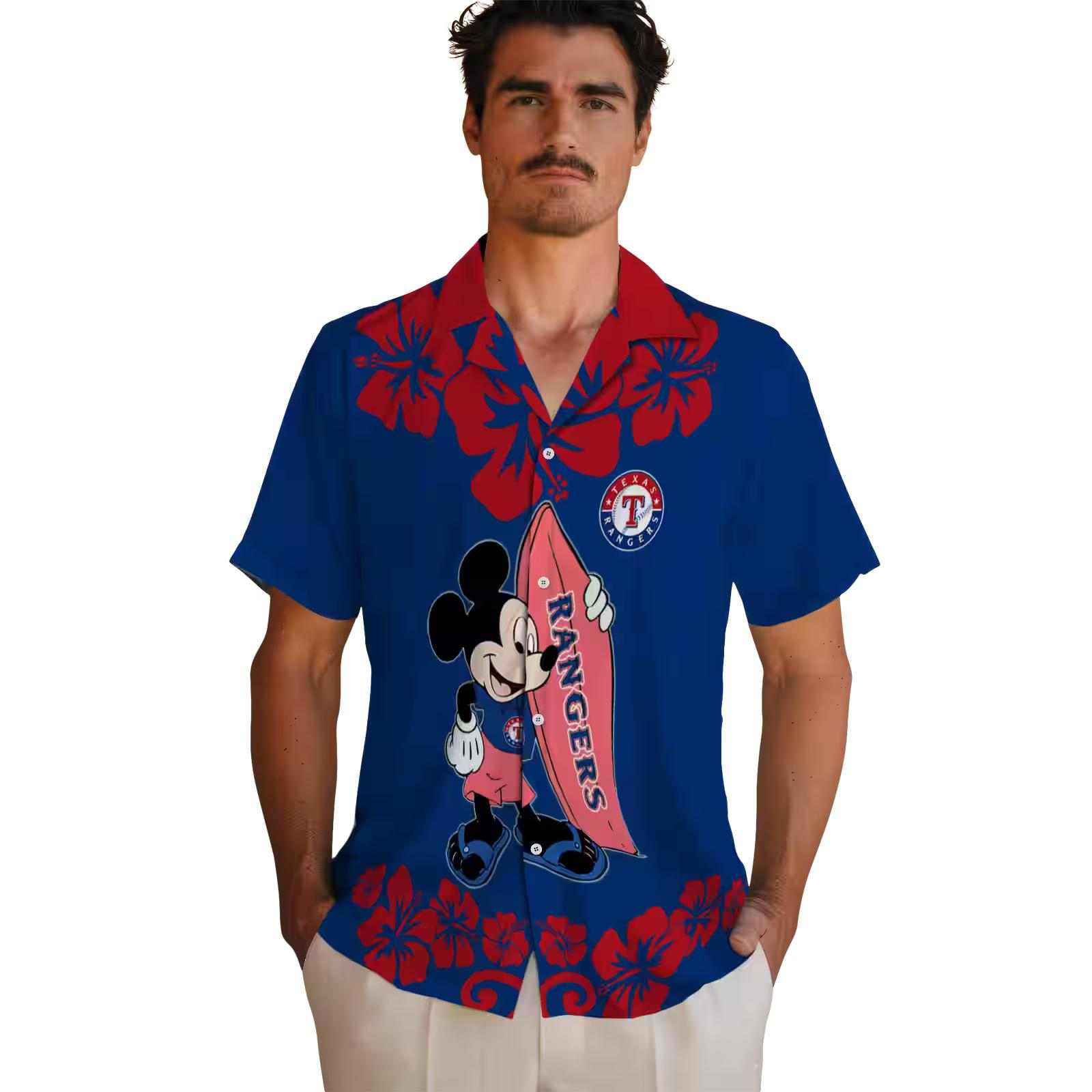 texas rangers surfing mickey blue hawaiian shirt fashion forward