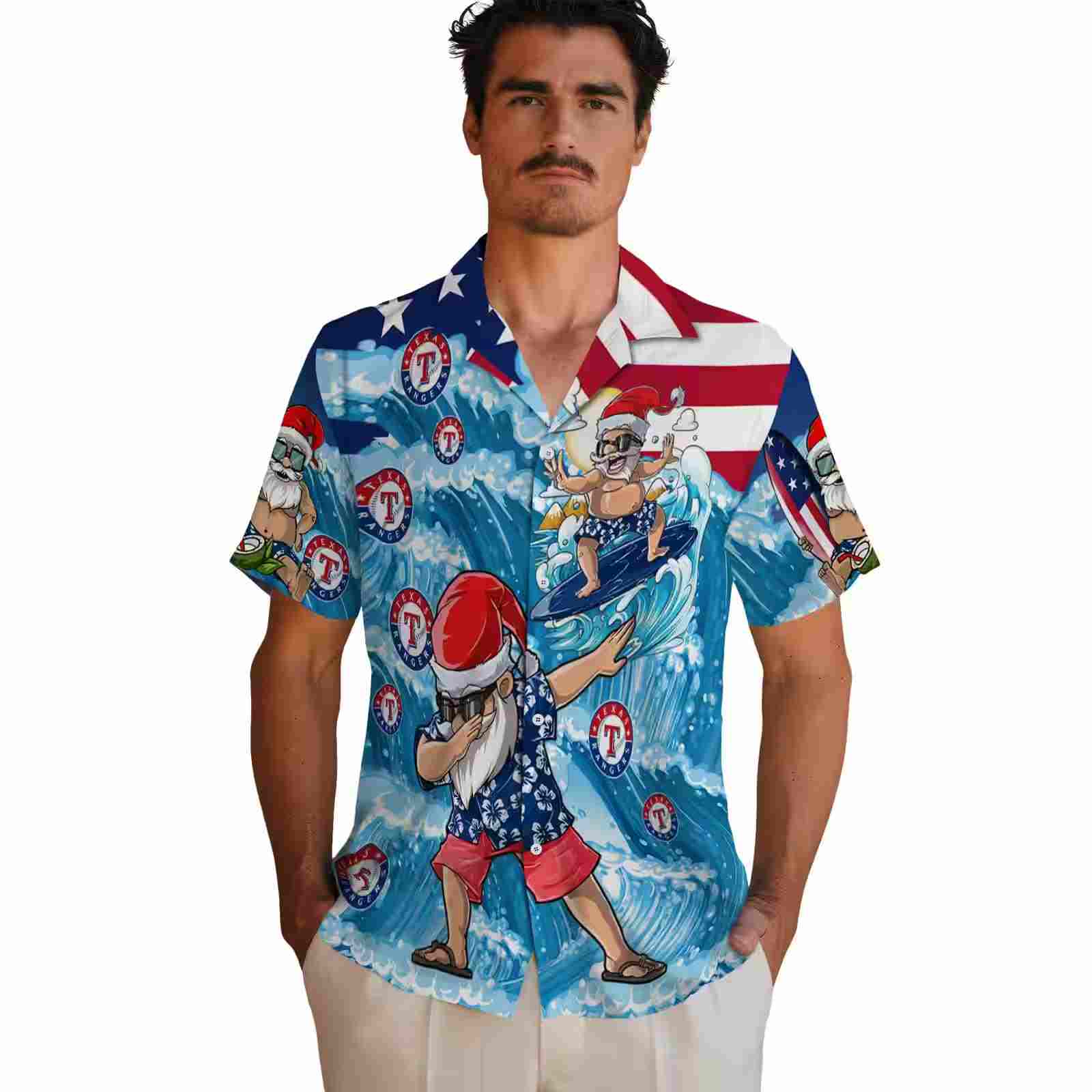 texas rangers surfing santa blue hawaiian shirt fashion forward