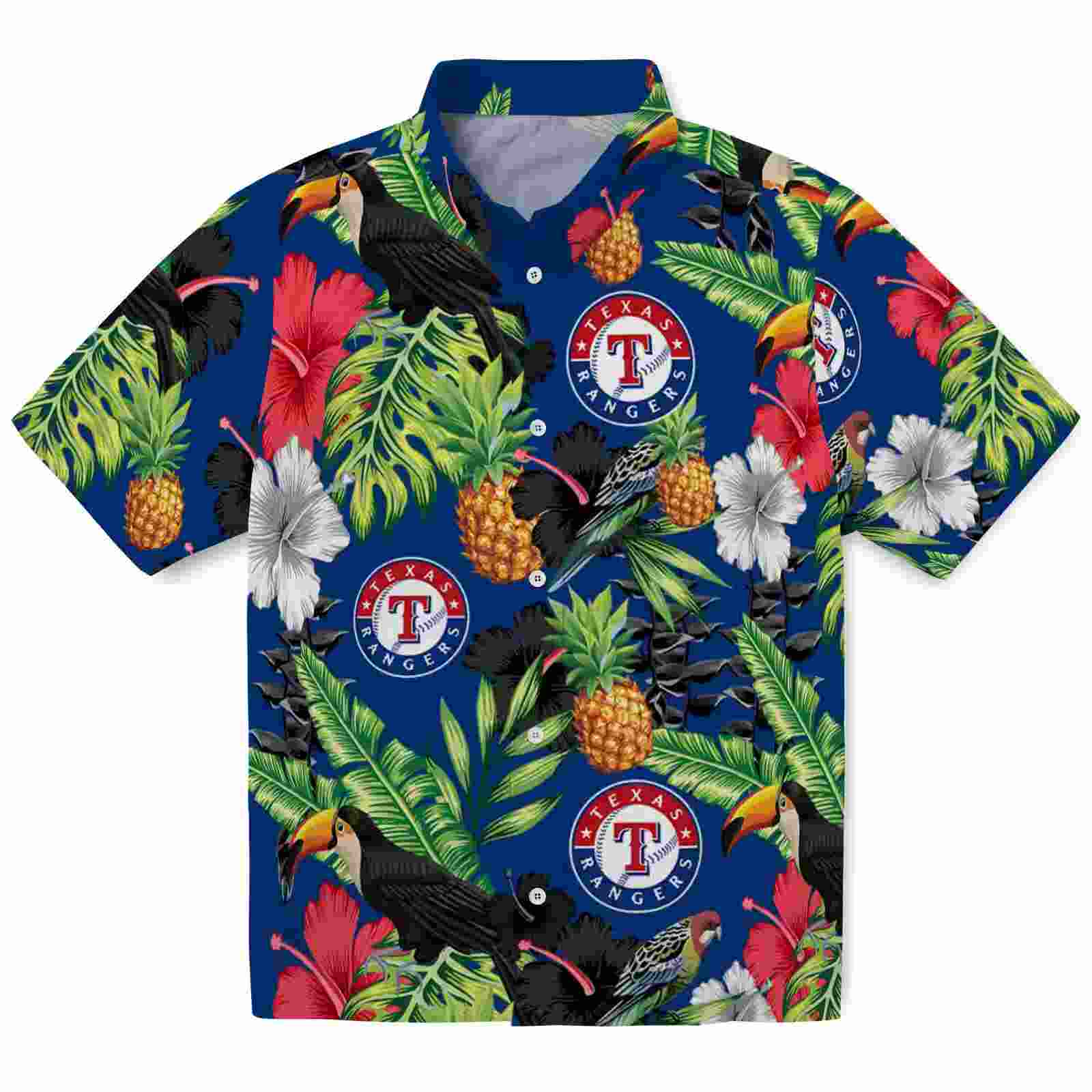 Texas Rangers Toucan Hibiscus Pineapple Blue Green Hawaiian Shirt