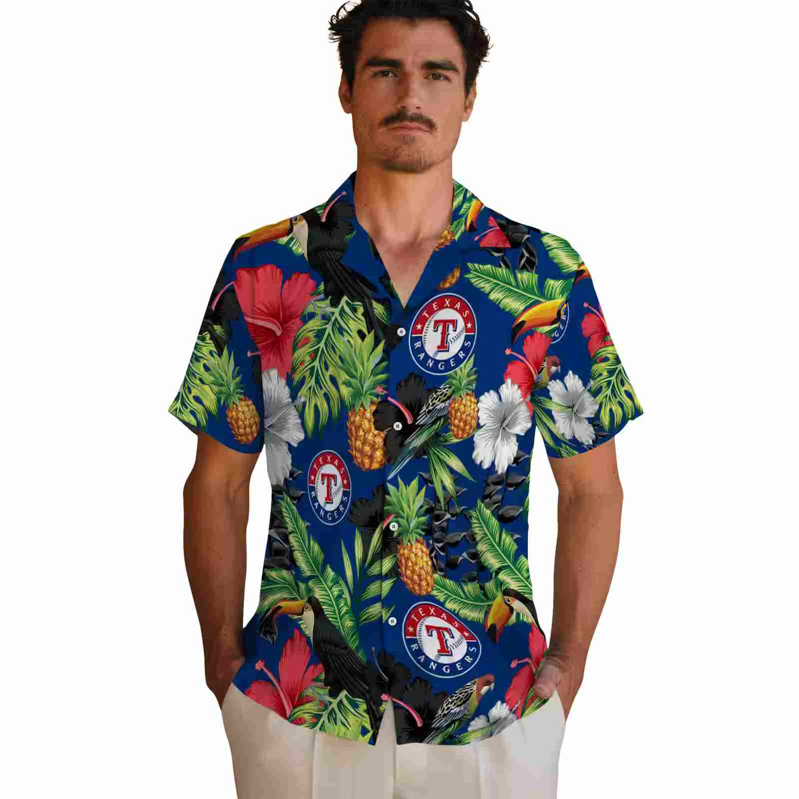 texas rangers toucan hibiscus pineapple blue green hawaiian shirt fashion forward