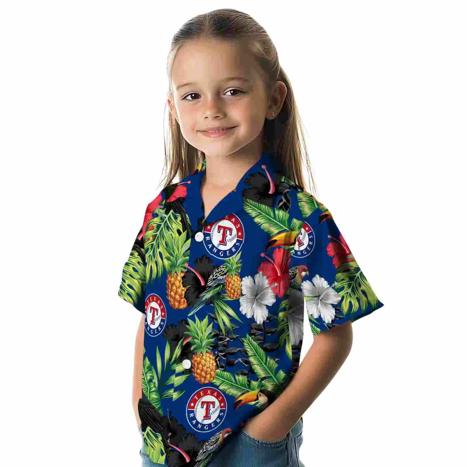 texas rangers toucan hibiscus pineapple blue green hawaiian shirt premium grade