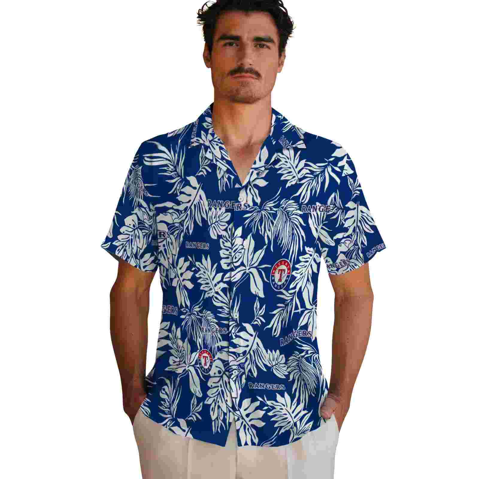 texas rangers tropical leaf blue white hawaiian shirt fashion forward