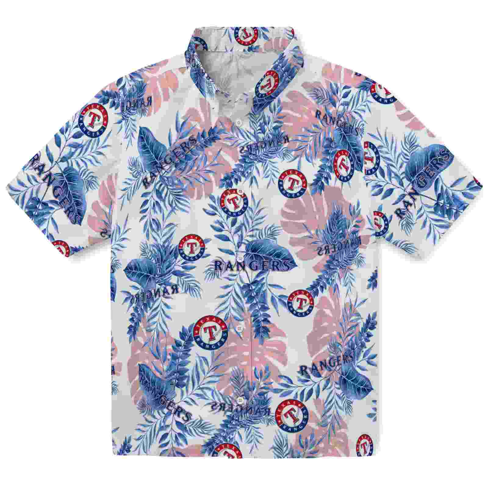 Texas Rangers Tropical Leaves White Hawaiian Shirt