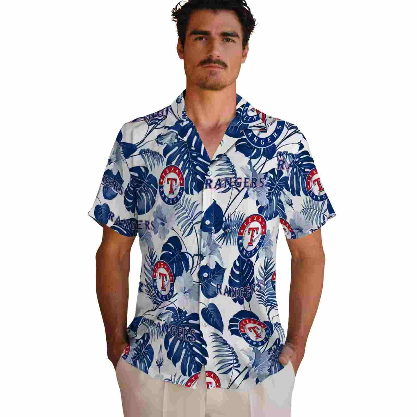 texas rangers tropical plants blue white hawaiian shirt fashion forward