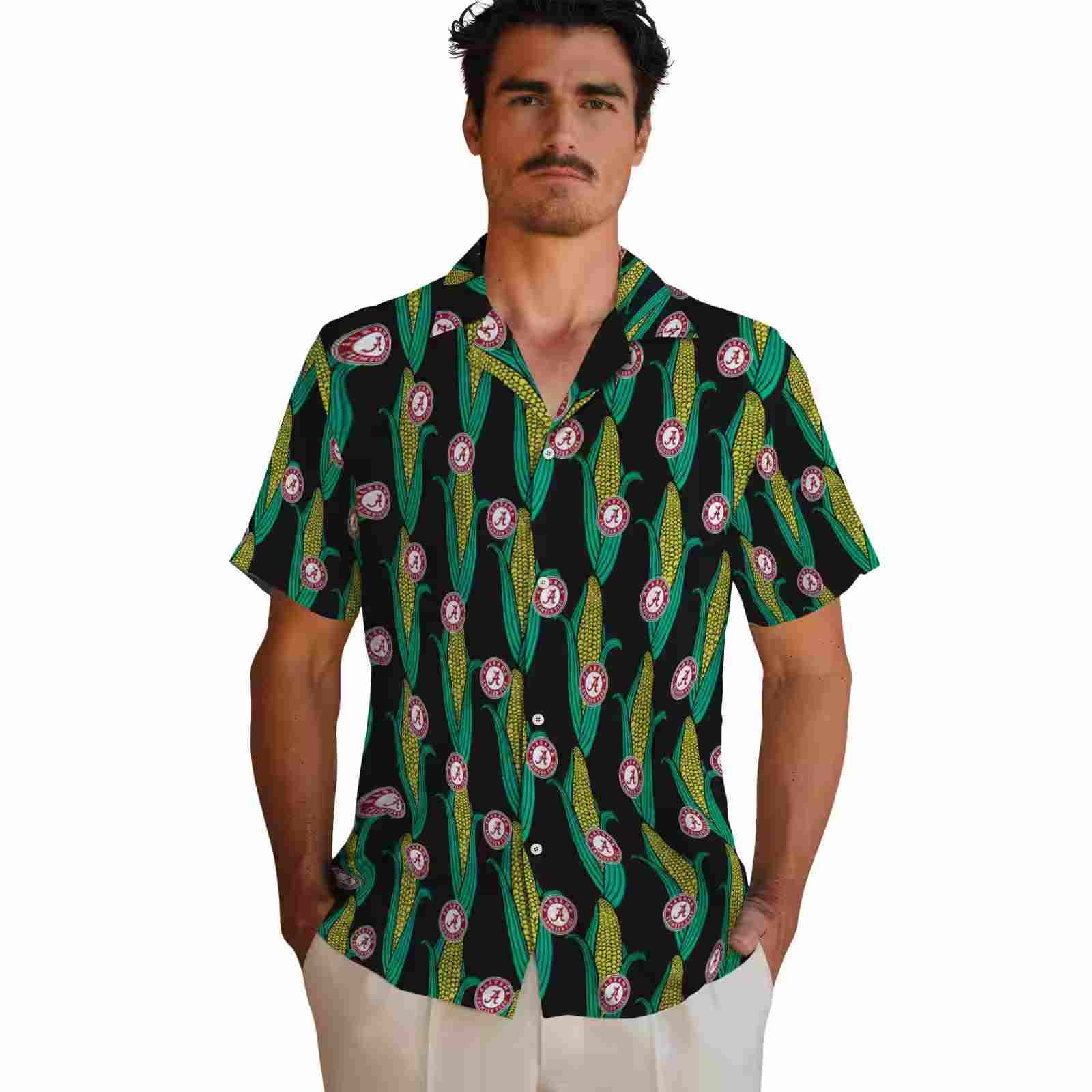 alabama crimson tide corn motifs black green hawaiian shirt fashion forward