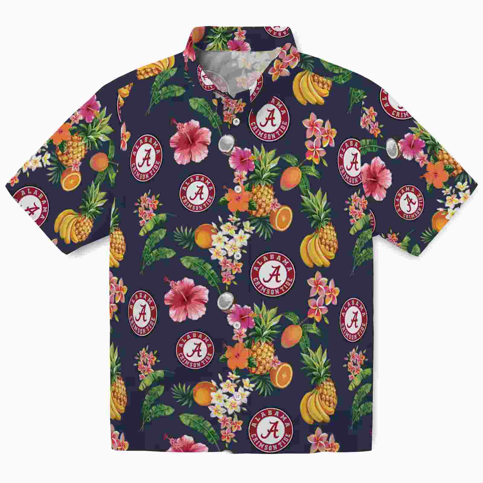 Alabama Crimson Tide Hibiscus And Fruit Navy Blue Hawaiian Shirt