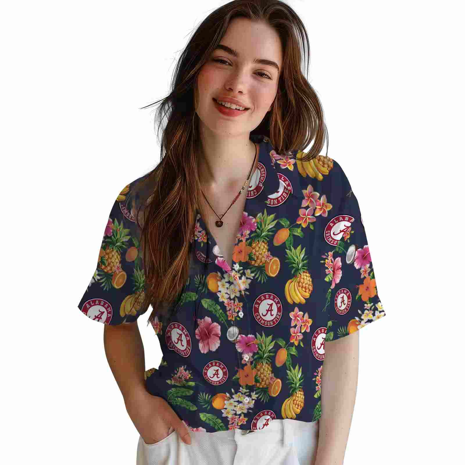 alabama crimson tide hibiscus and fruit navy blue hawaiian shirt latest model