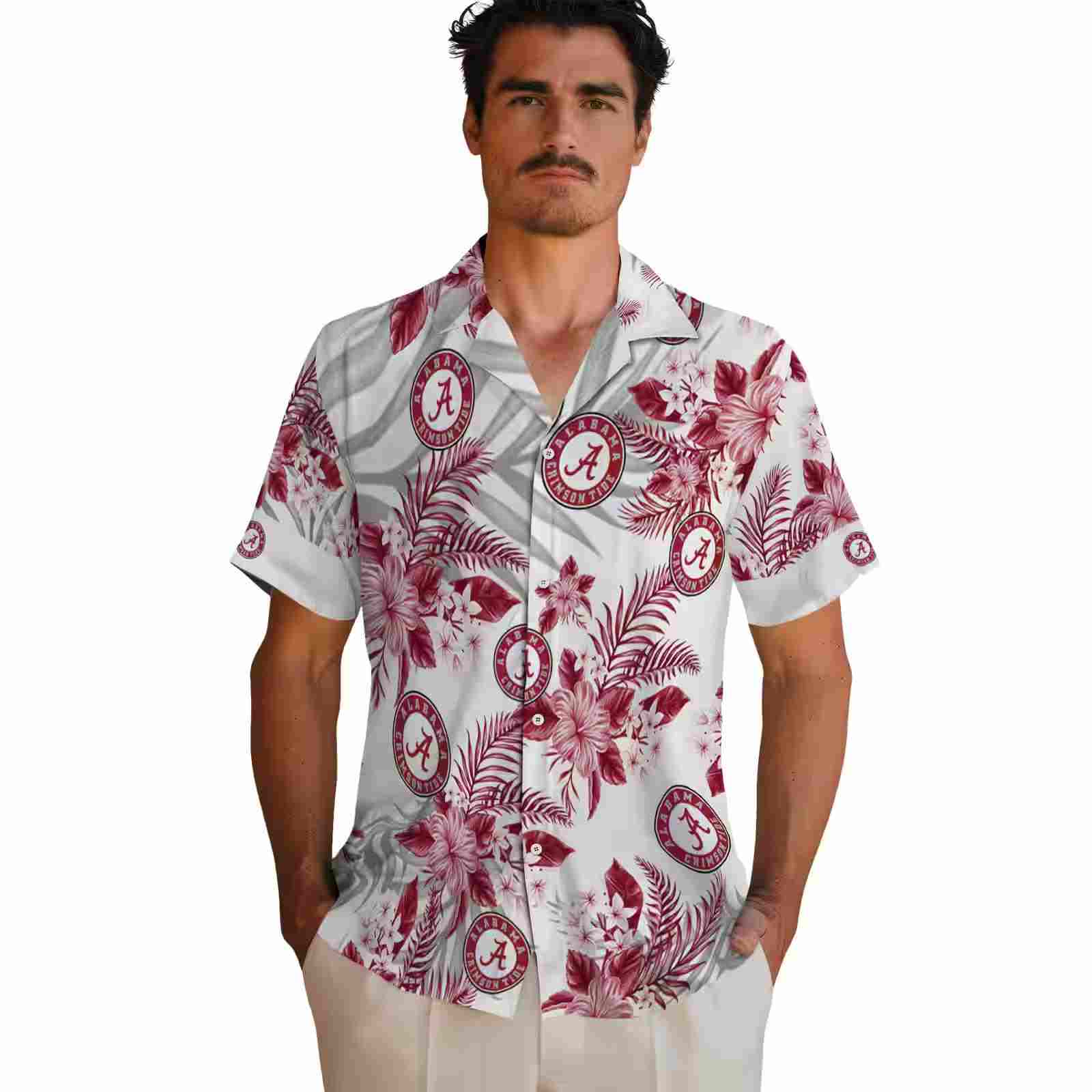 alabama crimson tide hibiscus palm leaves crimson white hawaiian shirt fashion forward