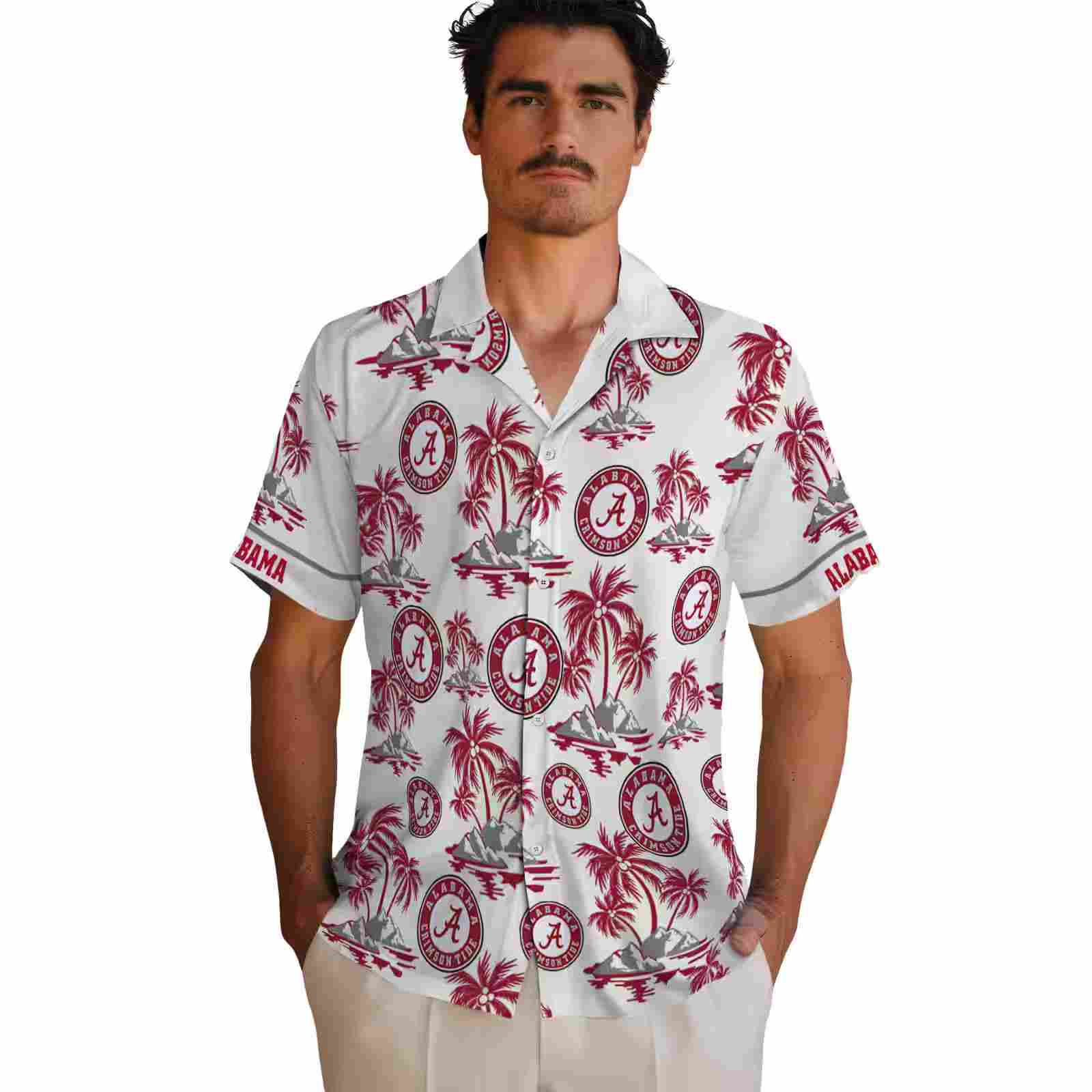 alabama crimson tide palm island print crimson white hawaiian shirt fashion forward