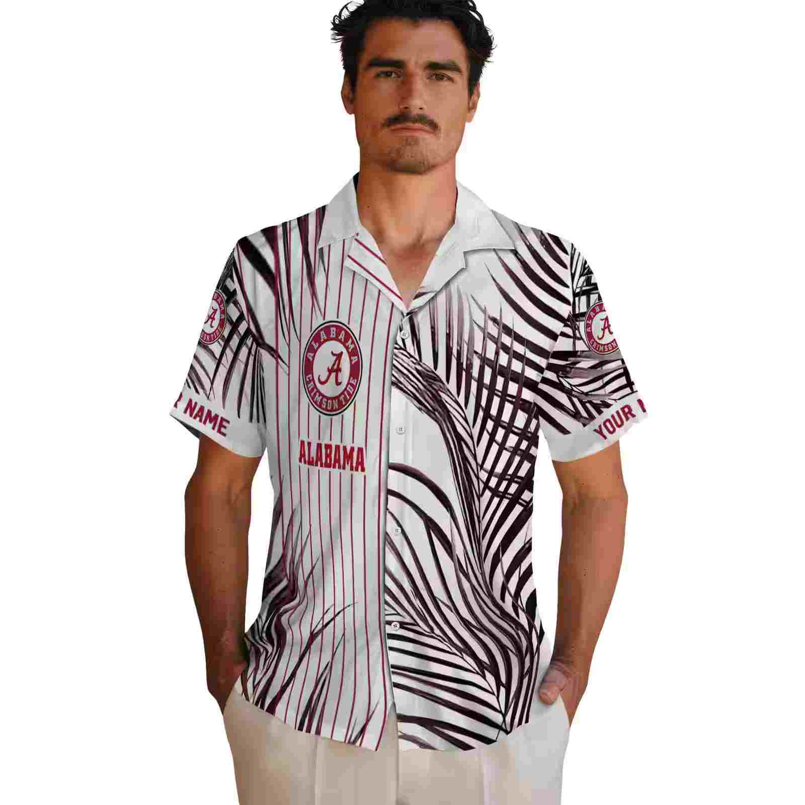 alabama crimson tide palm stripes crimson black white hawaiian shirt fashion forward