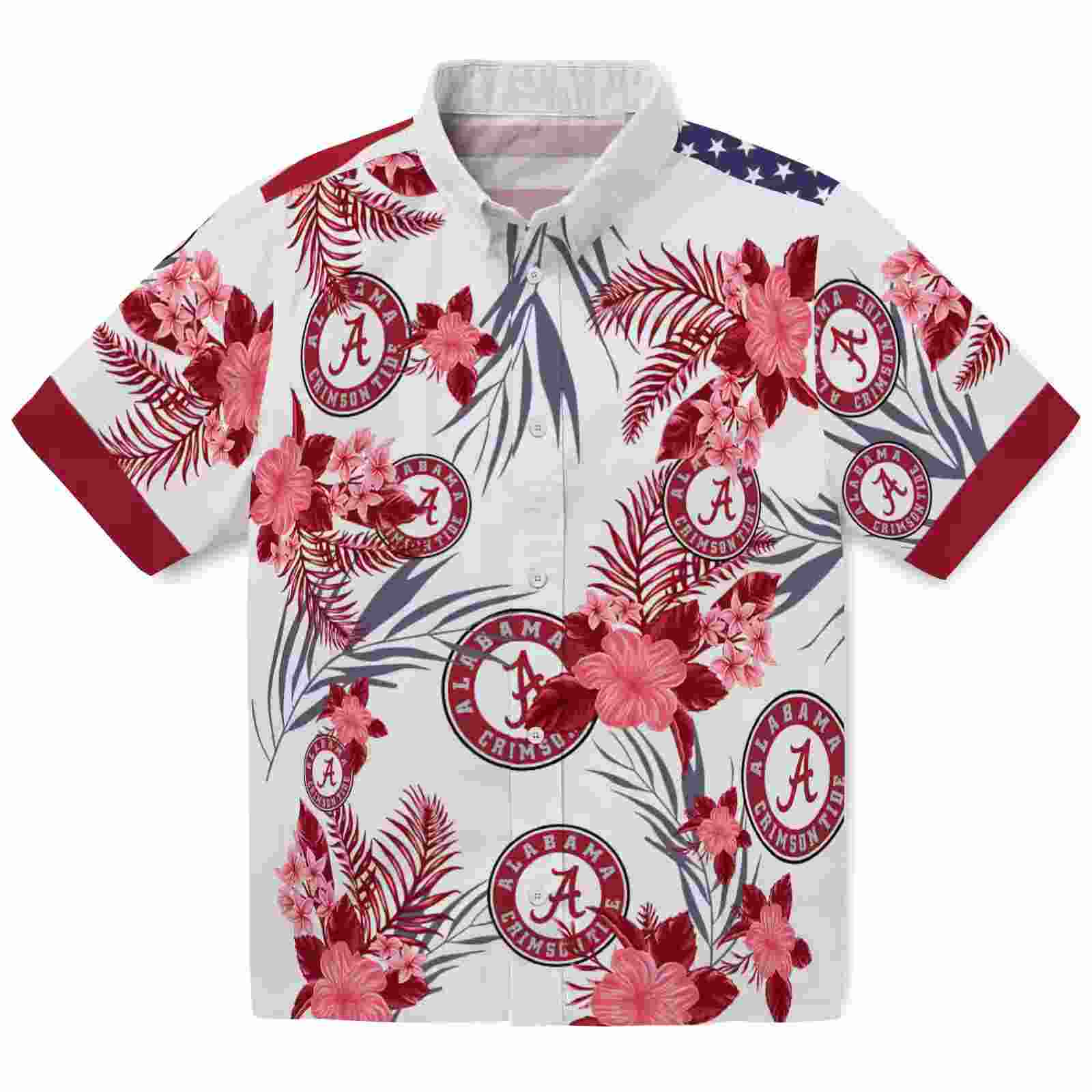 Alabama Crimson Tide Patriotic Hibiscus Design Crimson White Hawaiian Shirt