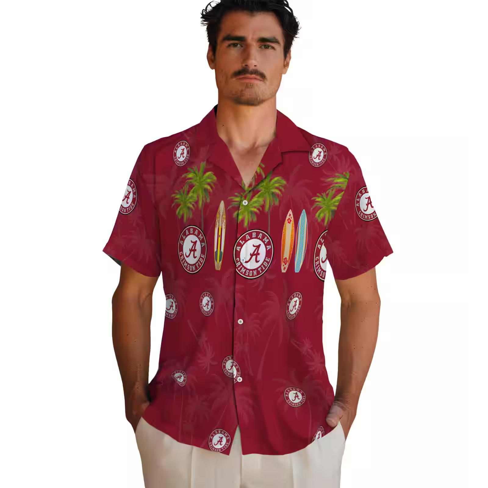 alabama crimson tide surfboard palm crimson hawaiian shirt fashion forward