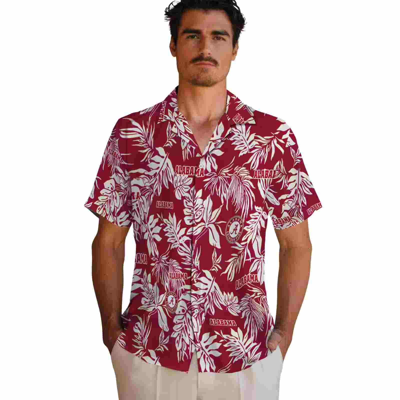 alabama crimson tide tropical leaf crimson white hawaiian shirt fashion forward