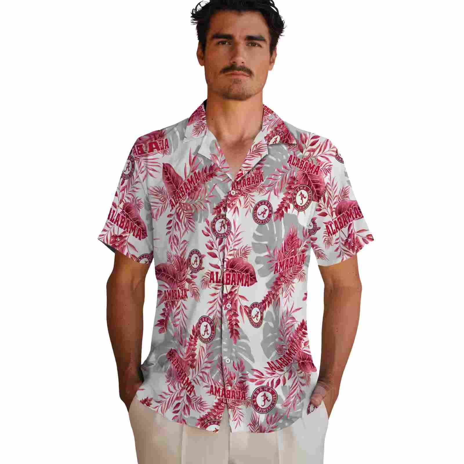 alabama crimson tide tropical leaves crimson white hawaiian shirt fashion forward