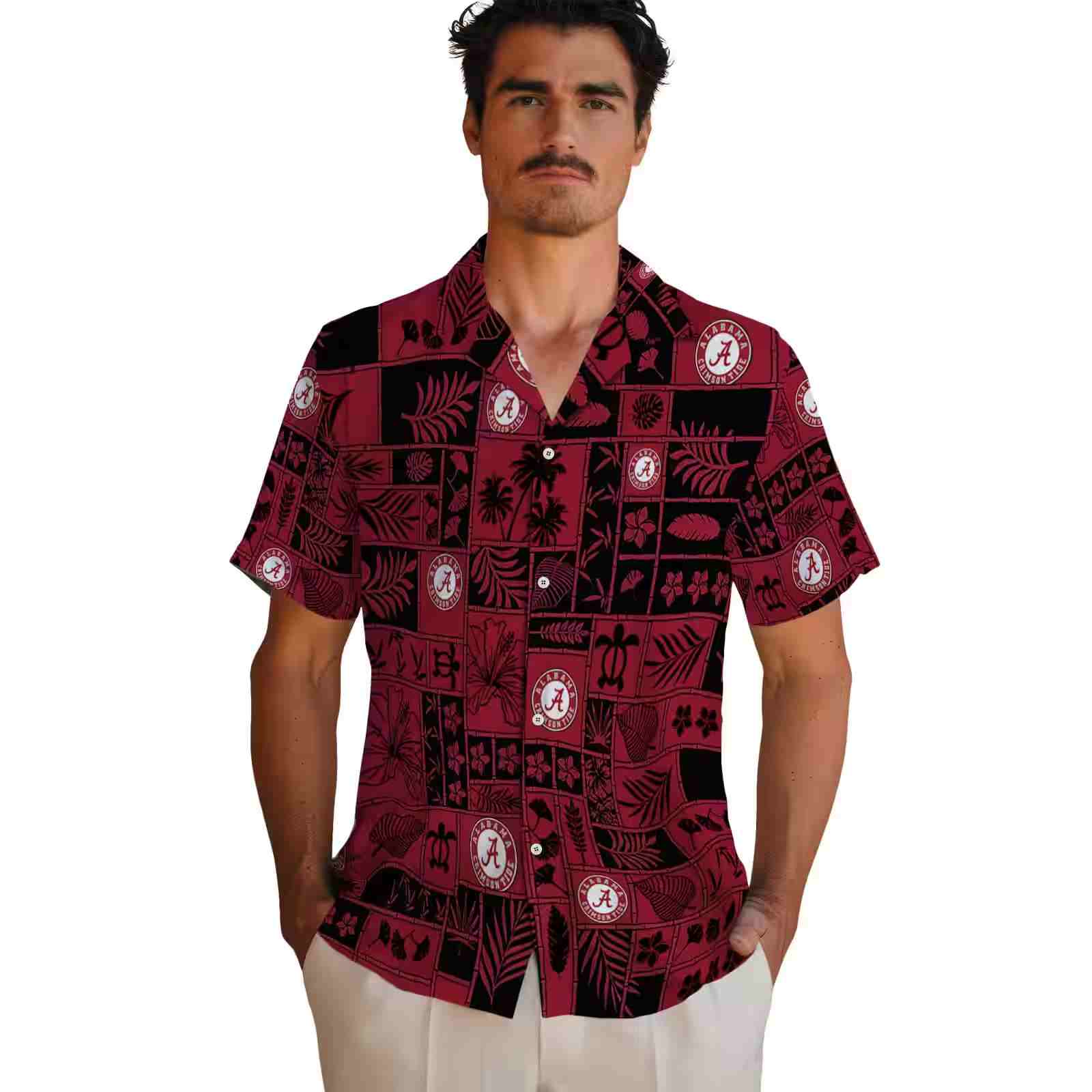 alabama crimson tide tropical patchwork crimson black hawaiian shirt fashion forward