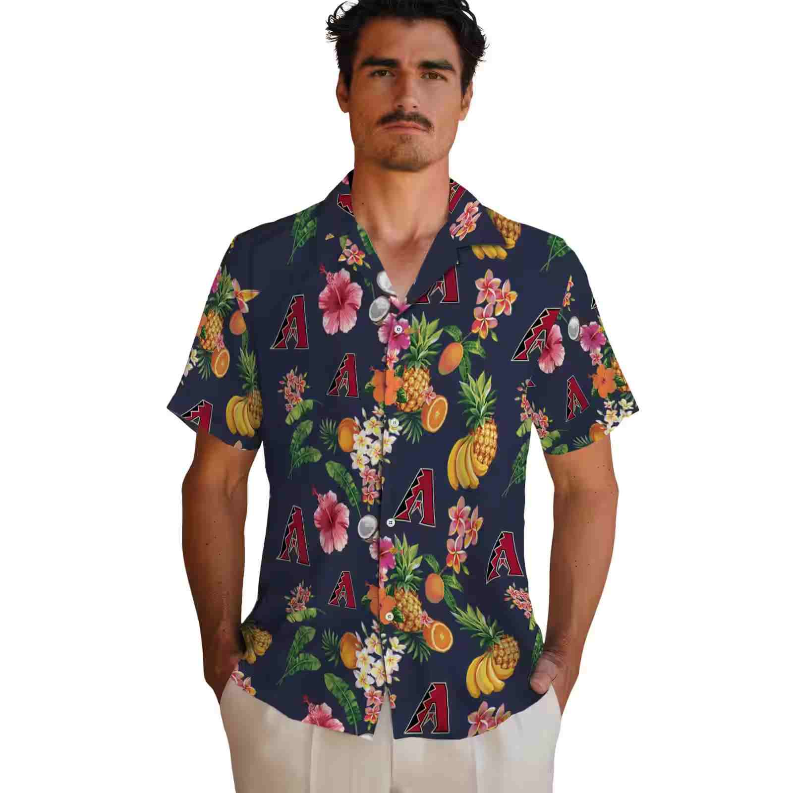 arizona diamondbacks hibiscus and fruit navy blue hawaiian shirt fashion forward