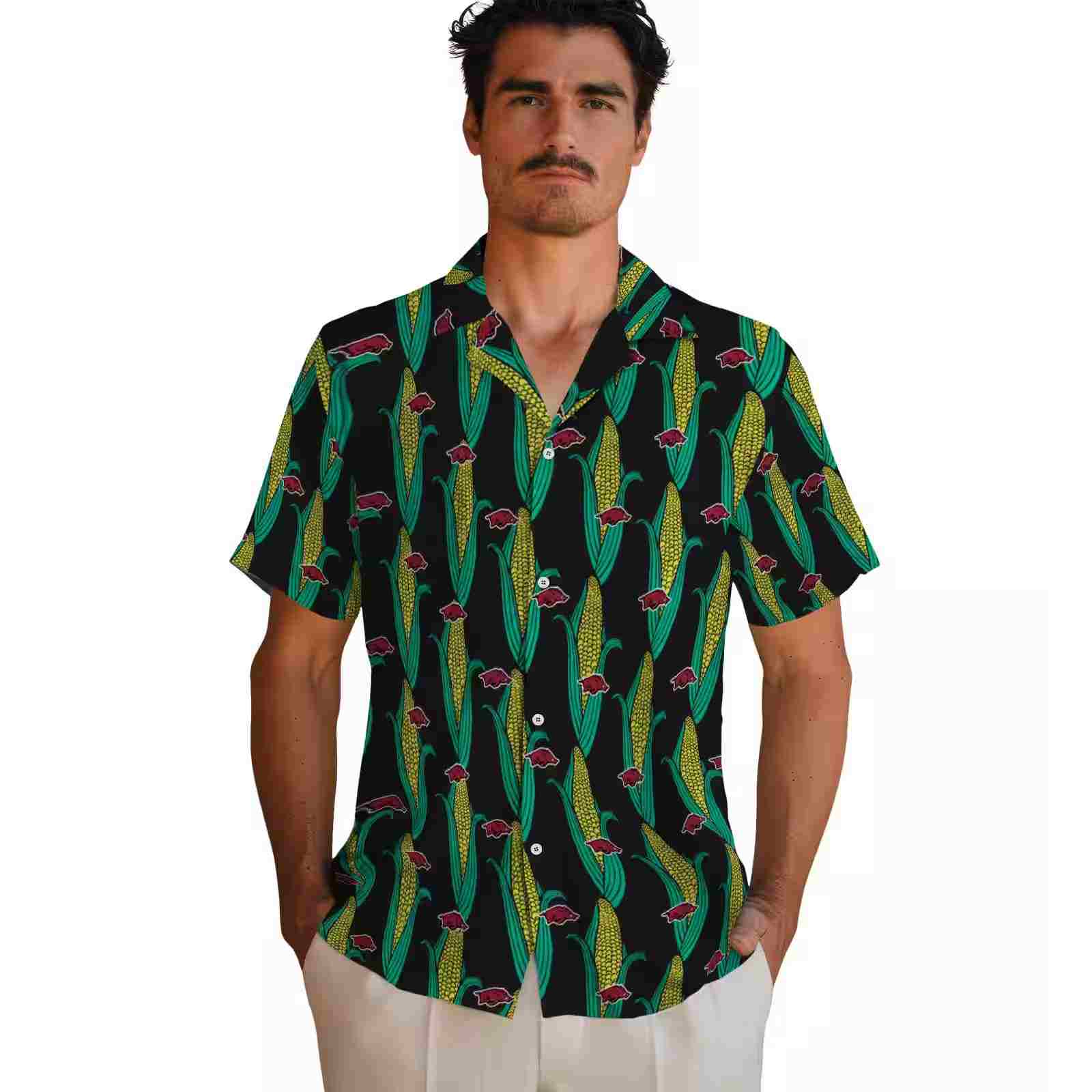 arkansas razorbacks corn motifs black green hawaiian shirt fashion forward