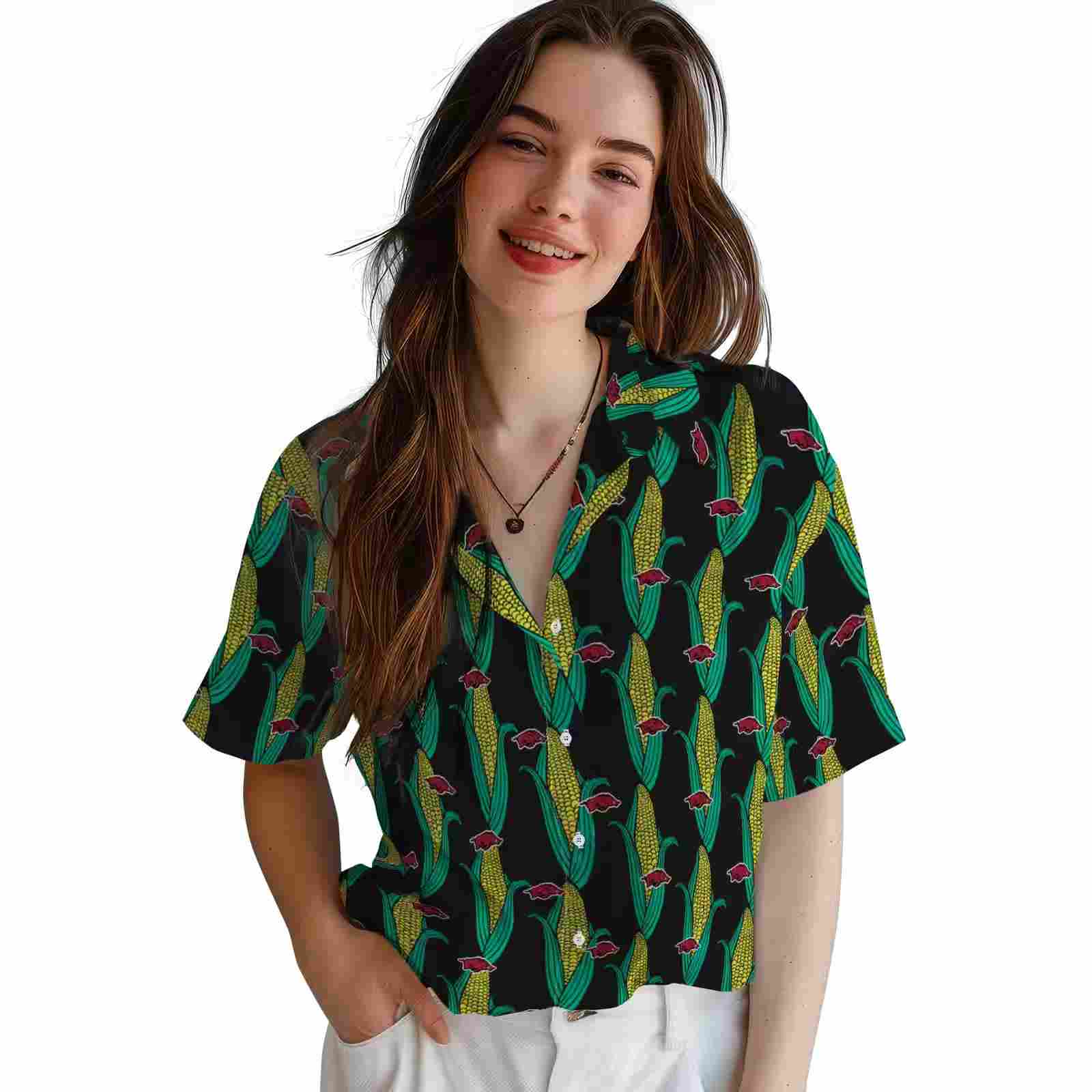 arkansas razorbacks corn motifs black green hawaiian shirt latest model