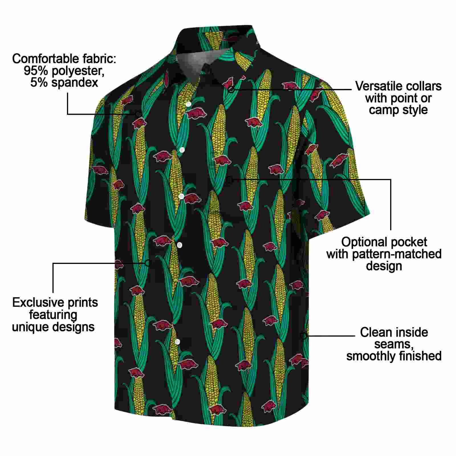 arkansas razorbacks corn motifs black green hawaiian shirt new arrival