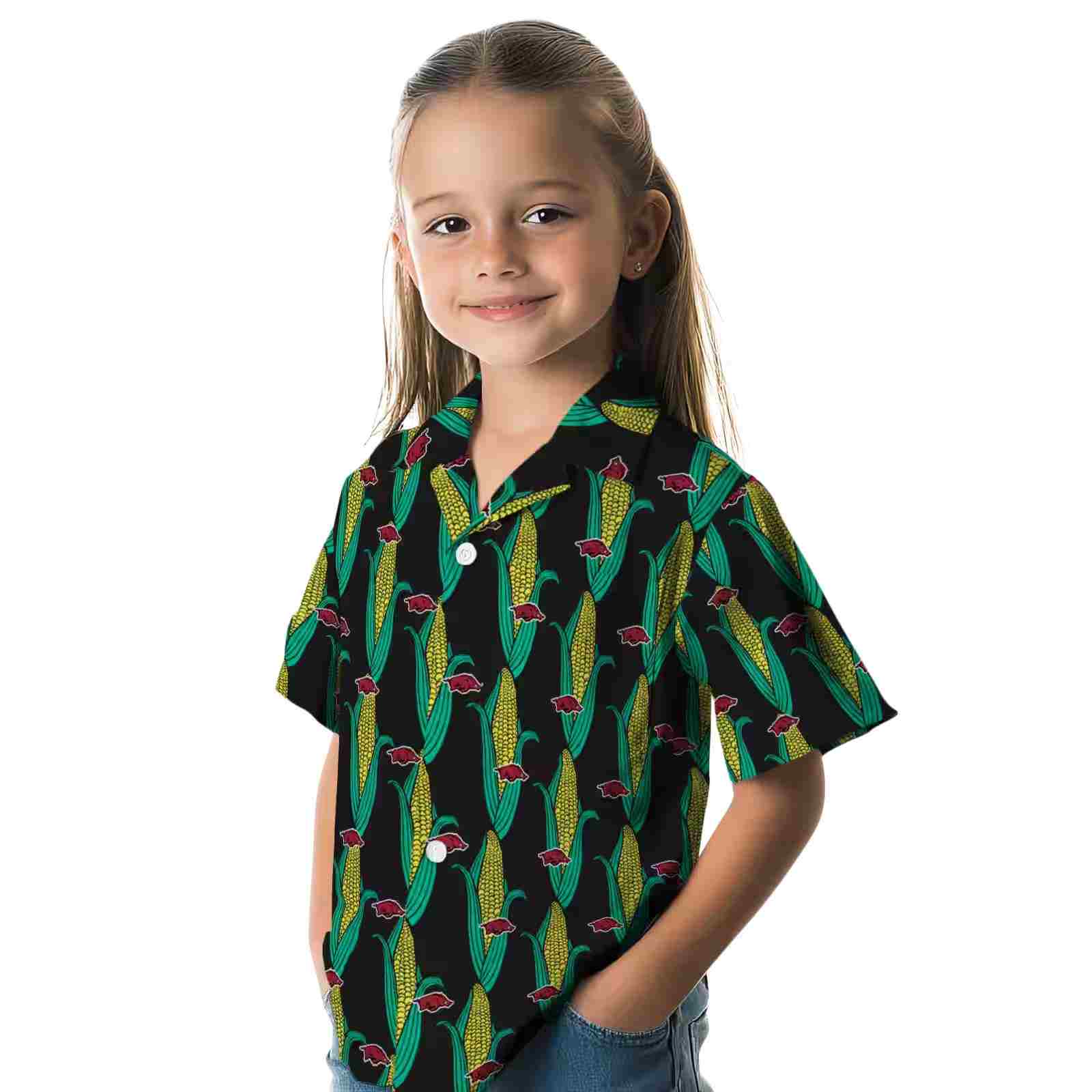 arkansas razorbacks corn motifs black green hawaiian shirt premium grade