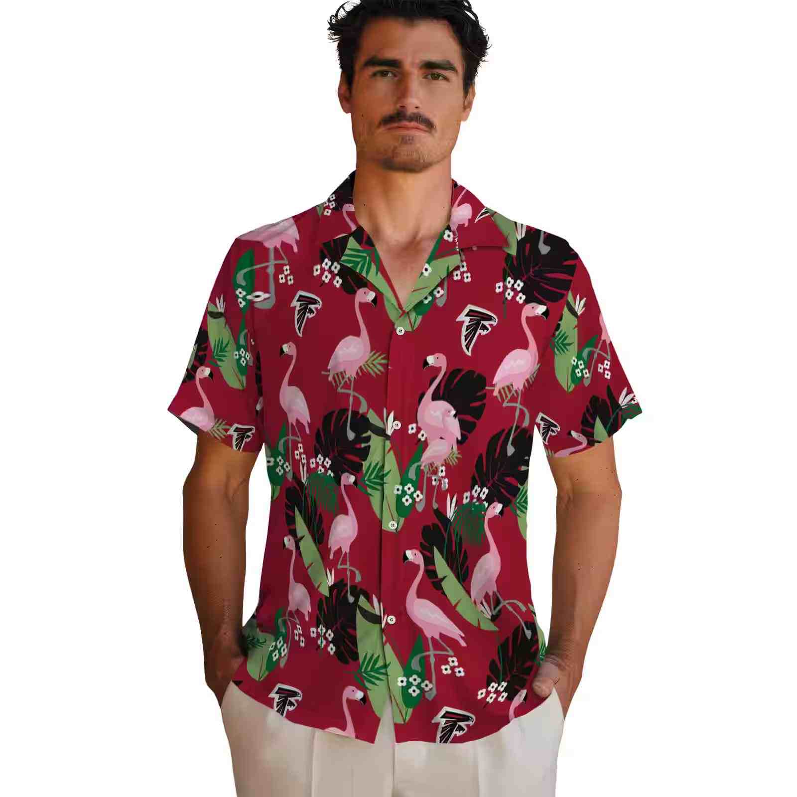 atlanta falcons flamingo leaf motif red hawaiian shirt fashion forward