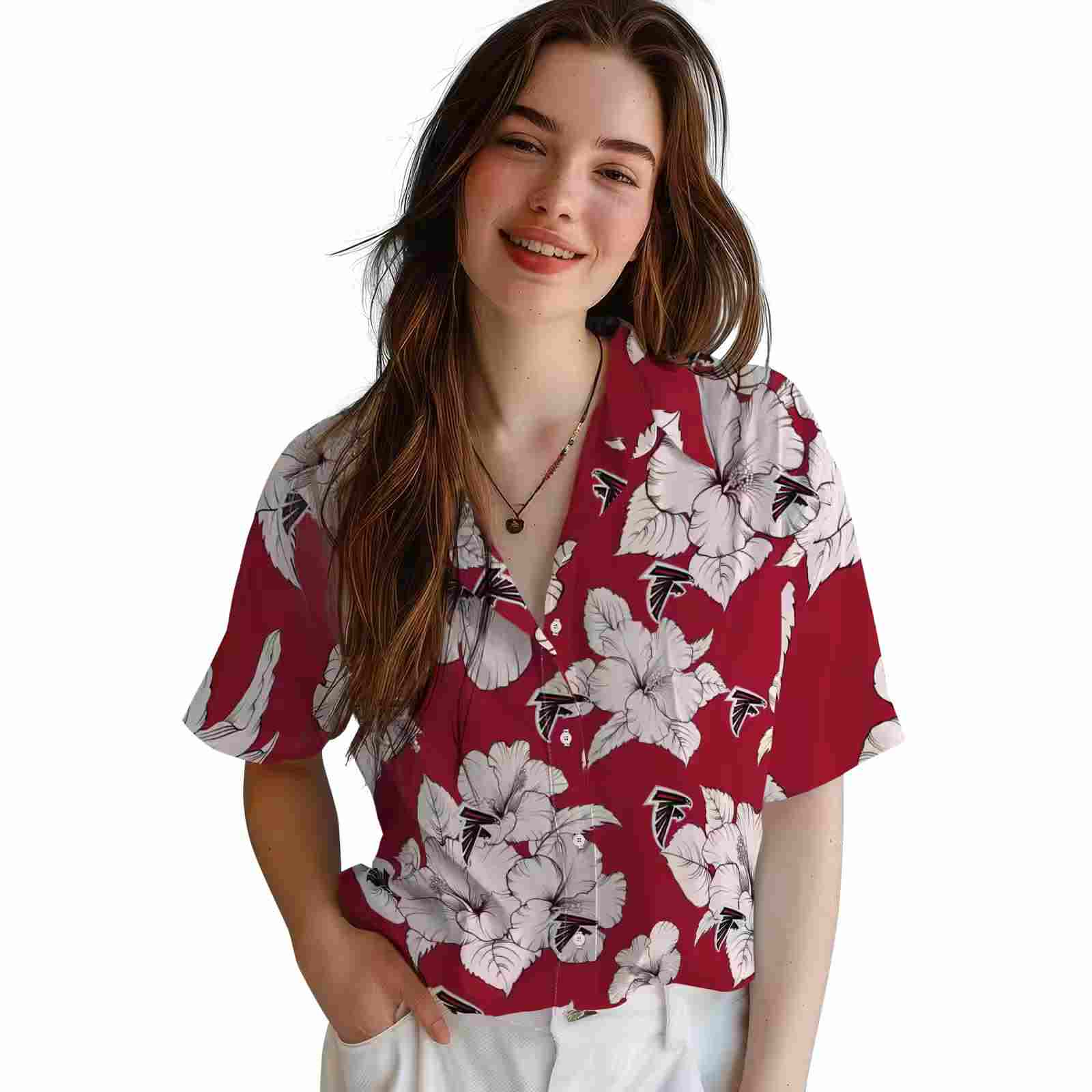 atlanta falcons hibiscus blooms red white hawaiian shirt latest model