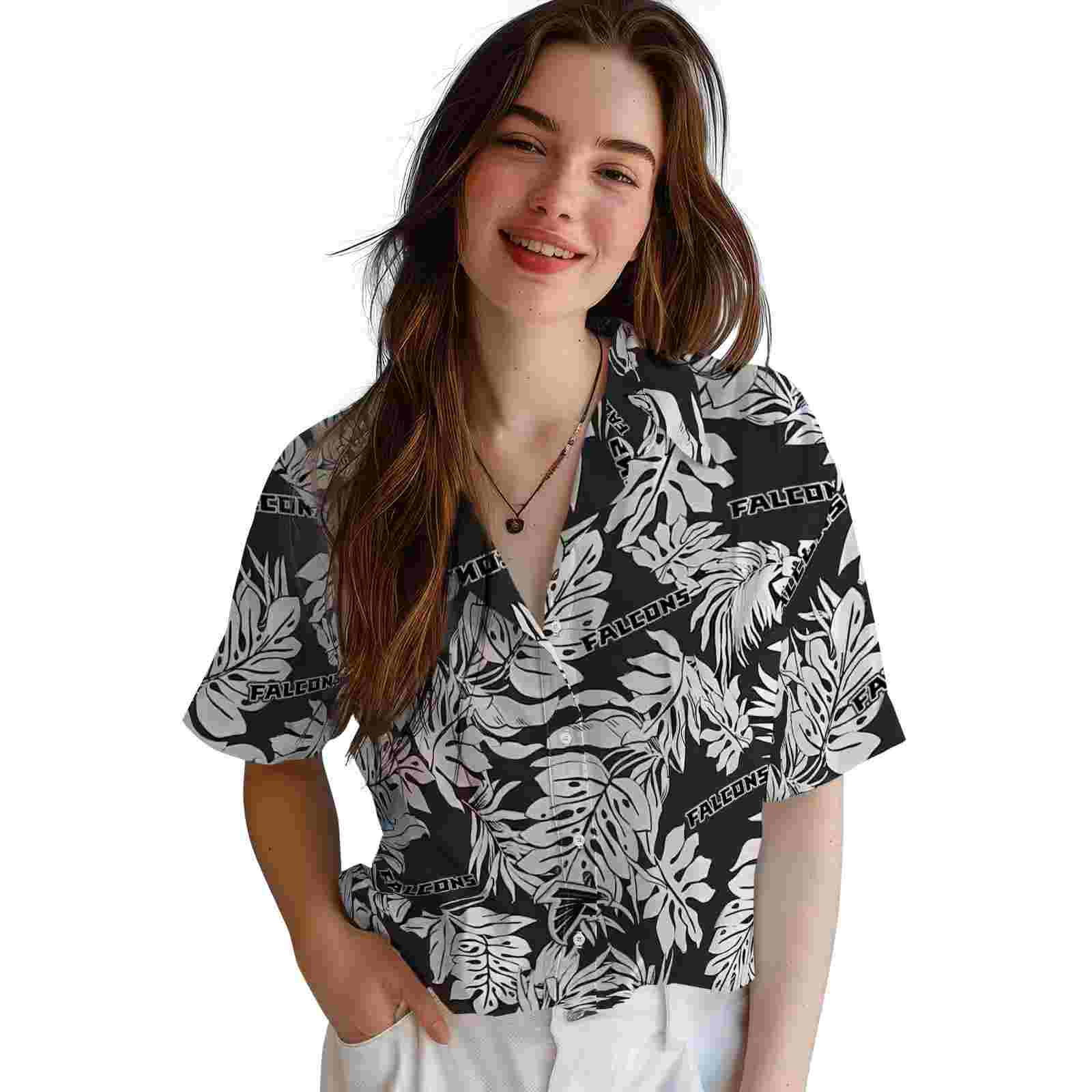 atlanta falcons monstera leaf pattern black hawaiian shirt latest model