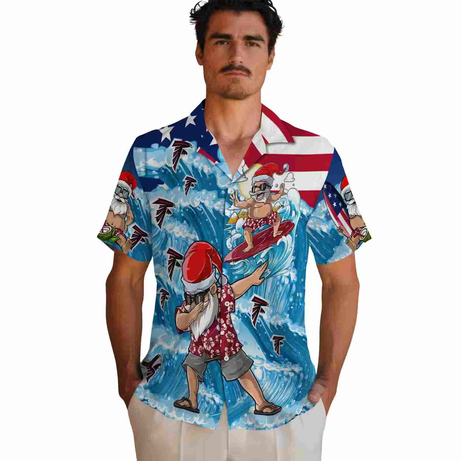 atlanta falcons surfing santa blue hawaiian shirt fashion forward