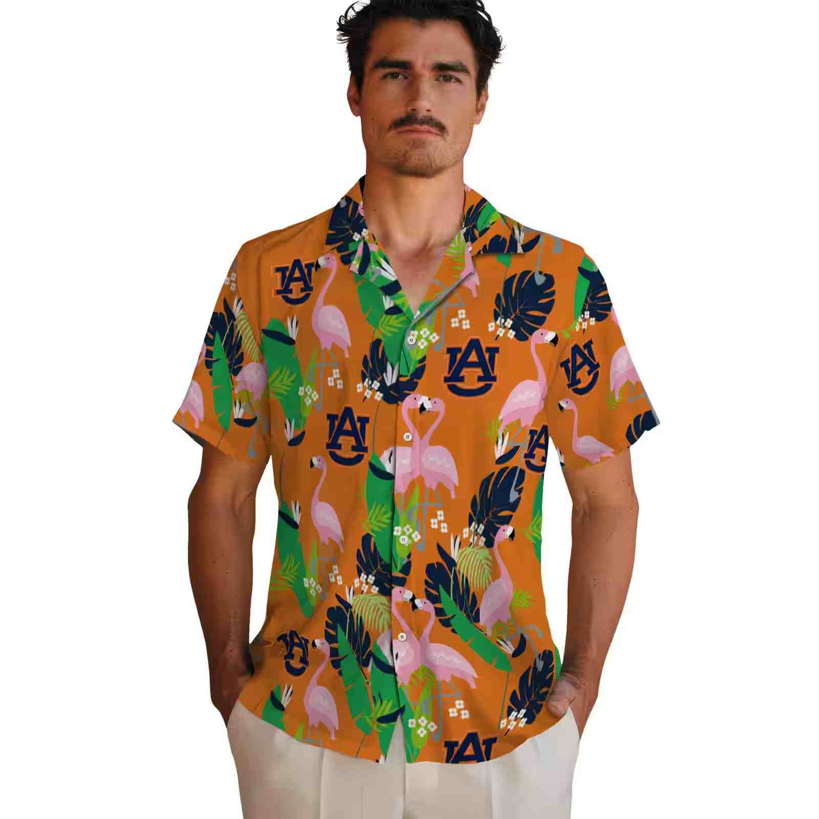 auburn tigers flamingo foliage navy blue green hawaiian shirt fashion forward