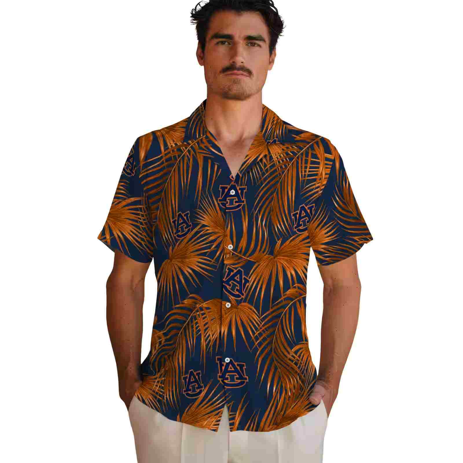 auburn tigers leafy palms navy blue hawaiian shirt fashion forward