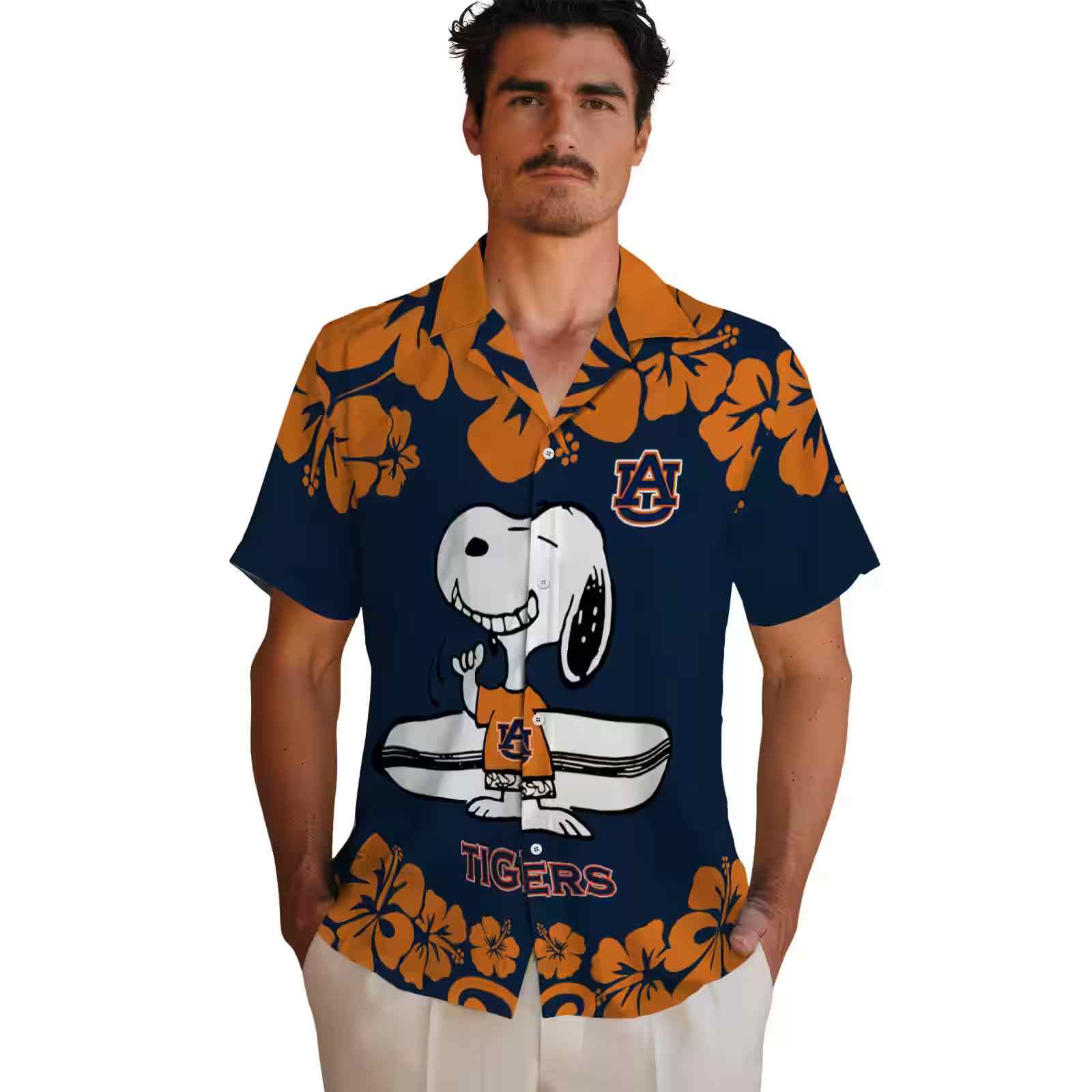 auburn tigers snoopy surf navy blue white hawaiian shirt fashion forward