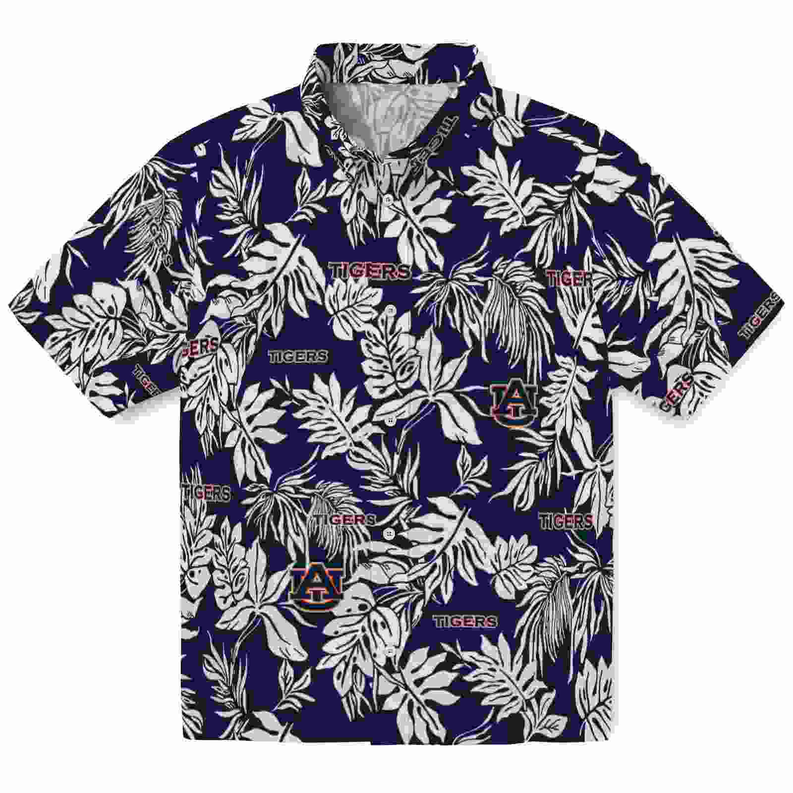 Auburn Tigers Tropical Leaf Navy Blue White Hawaiian Shirt