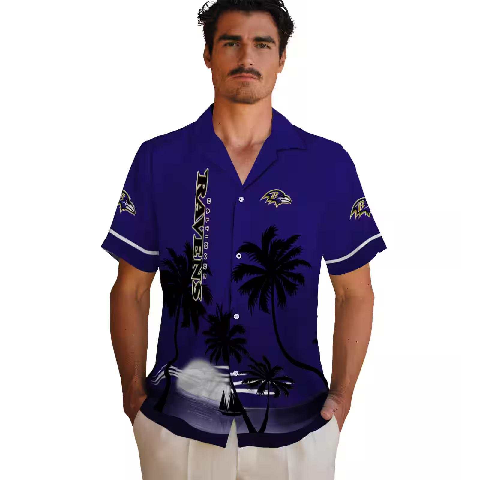 baltimore ravens beach sunset purple black hawaiian shirt fashion forward