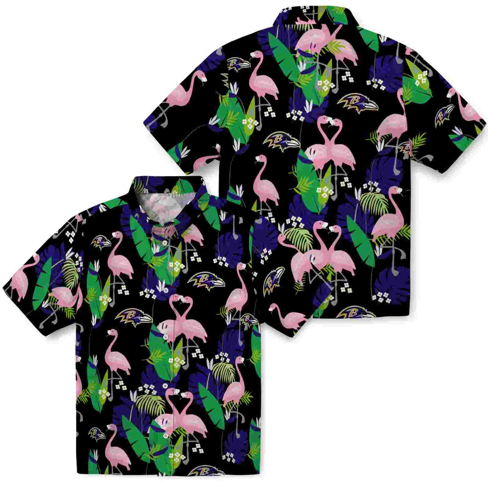 baltimore ravens flamingo foliage purple green hawaiian shirt high quality