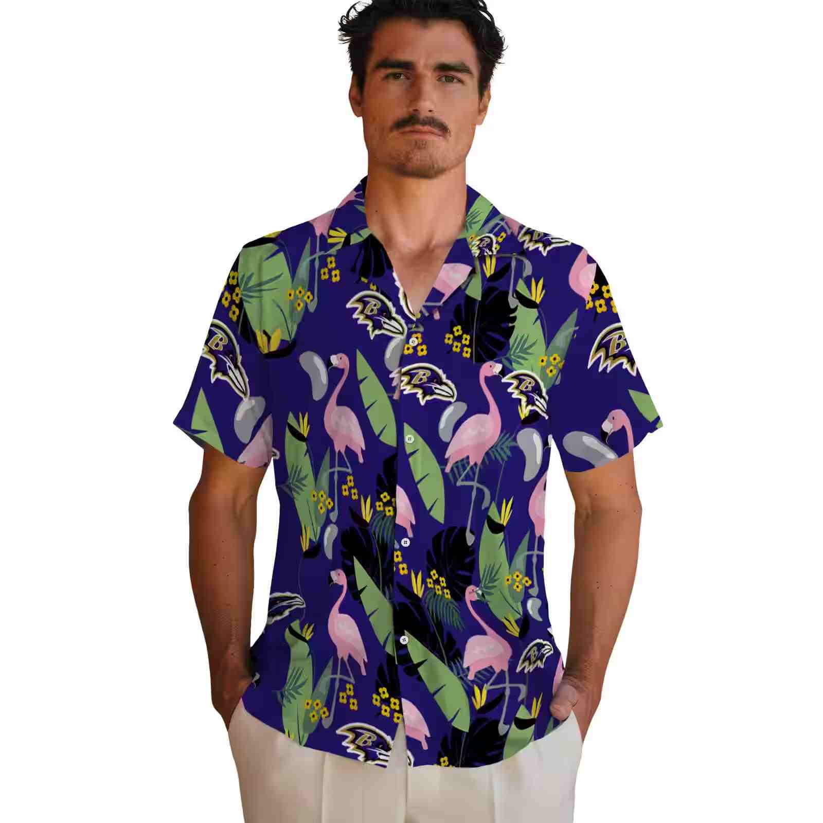 baltimore ravens flamingo leaves purple hawaiian shirt fashion forward