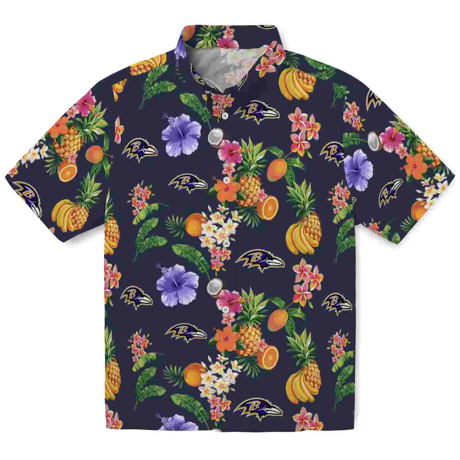 Baltimore Ravens Hibiscus And Fruit Navy Blue Hawaiian Shirt