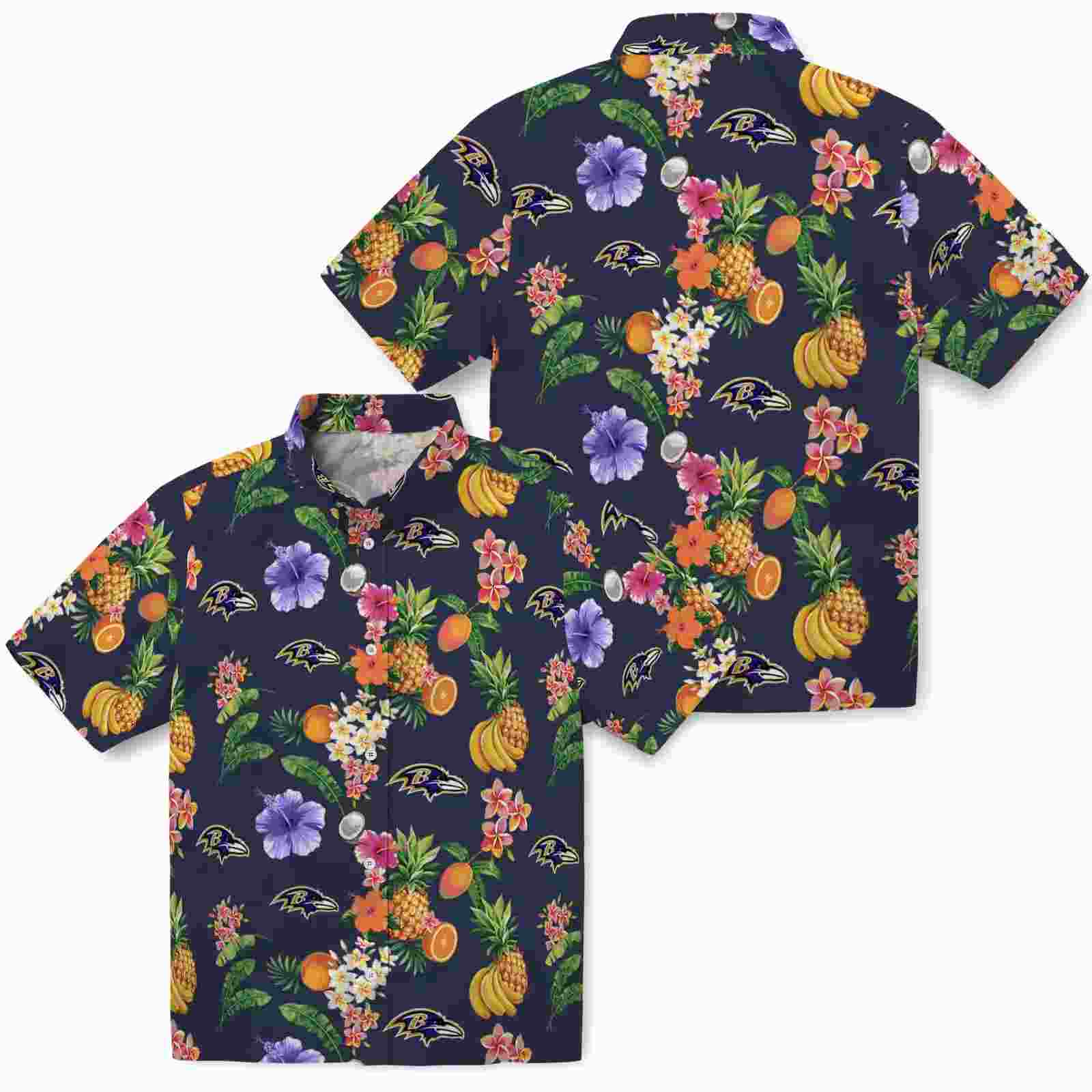 baltimore ravens hibiscus and fruit navy blue hawaiian shirt high quality