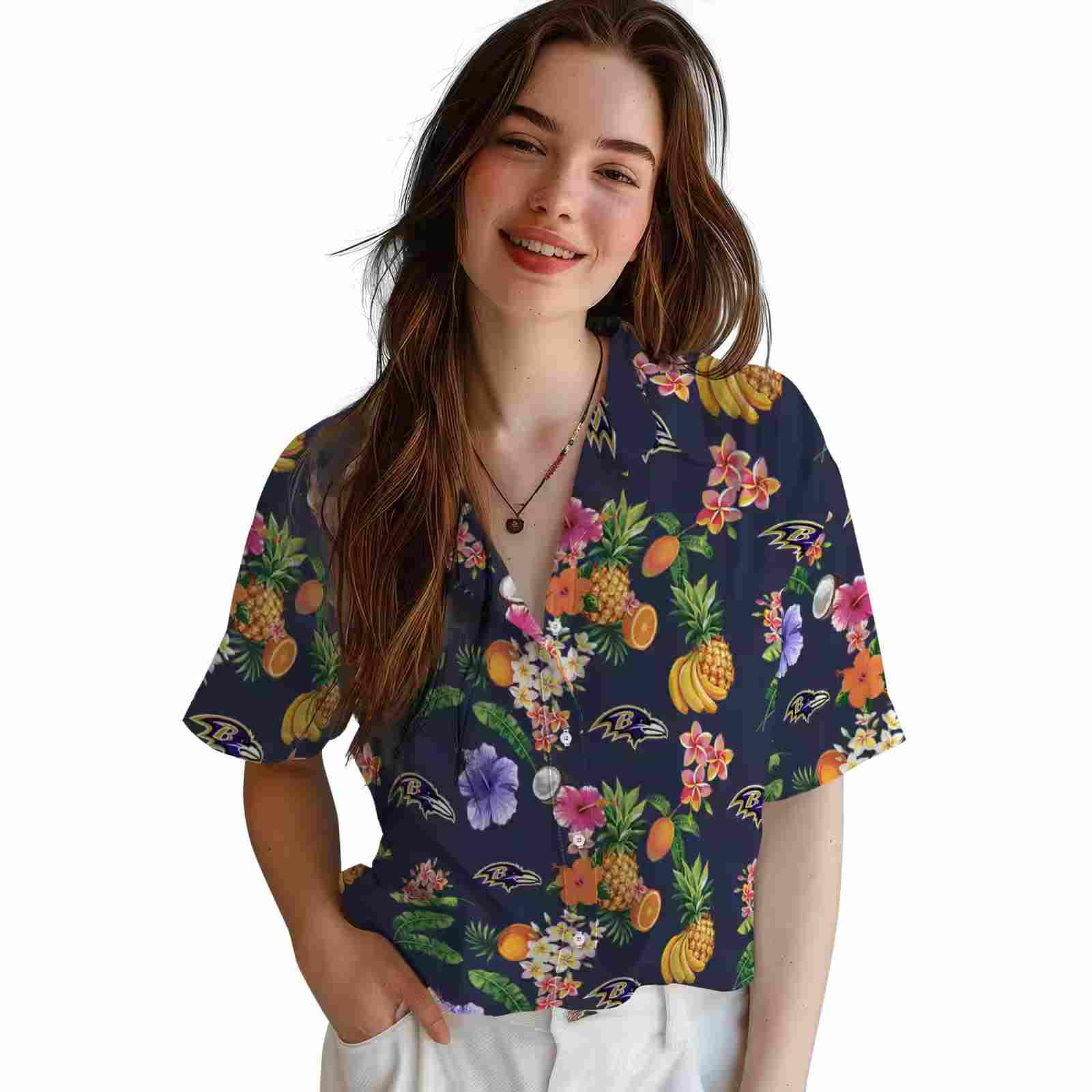 baltimore ravens hibiscus and fruit navy blue hawaiian shirt latest model