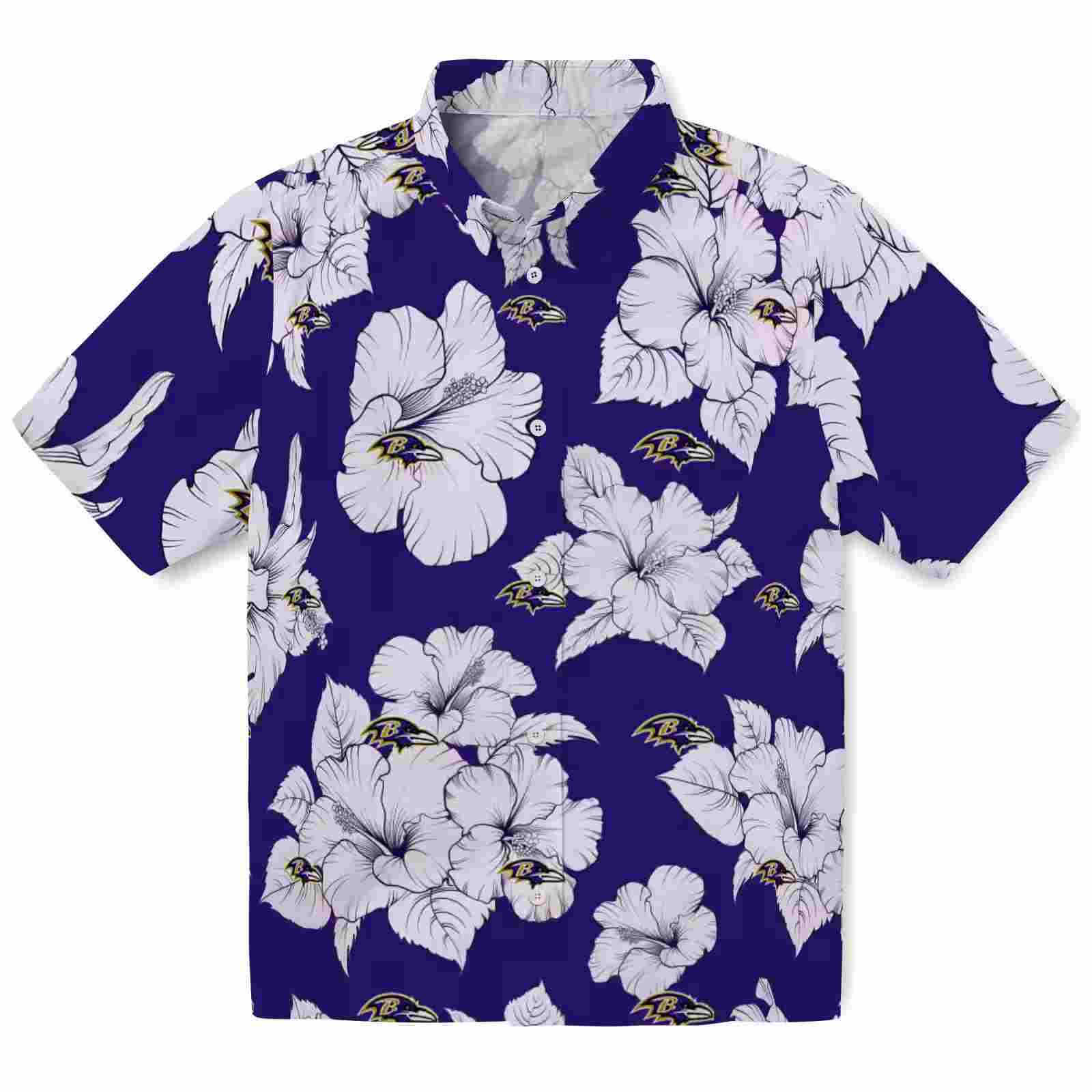 Baltimore Ravens Hibiscus Blooms Purple White Hawaiian Shirt