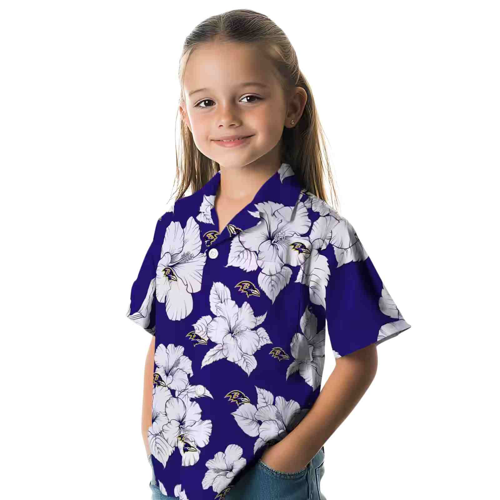 baltimore ravens hibiscus blooms purple white hawaiian shirt premium grade