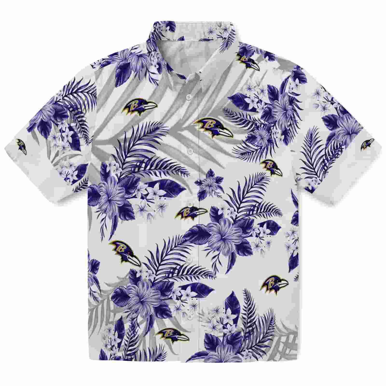 baltimore ravens hibiscus palm leaves purple white hawaiian shirt best selling