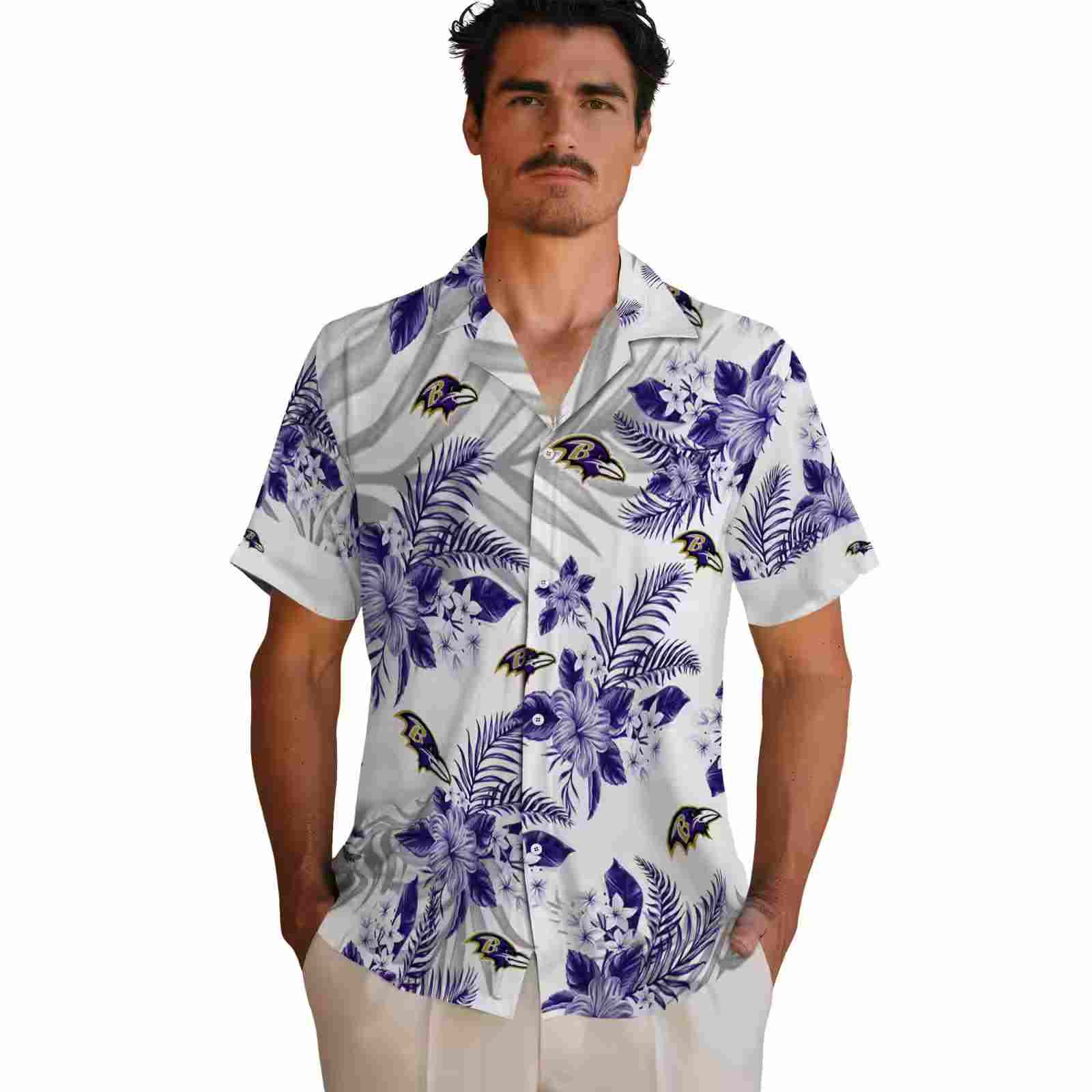 baltimore ravens hibiscus palm leaves purple white hawaiian shirt fashion forward