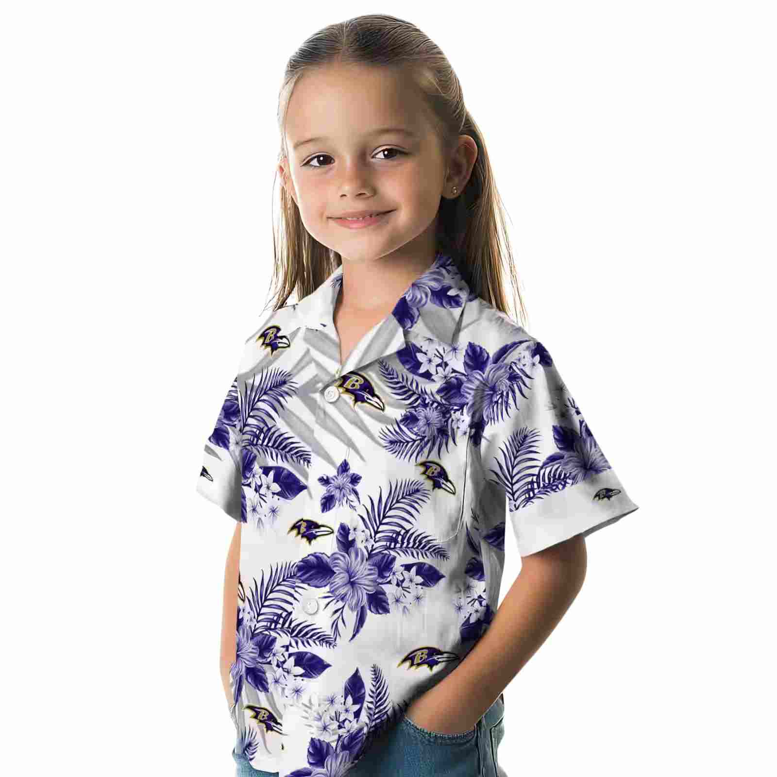 baltimore ravens hibiscus palm leaves purple white hawaiian shirt premium grade