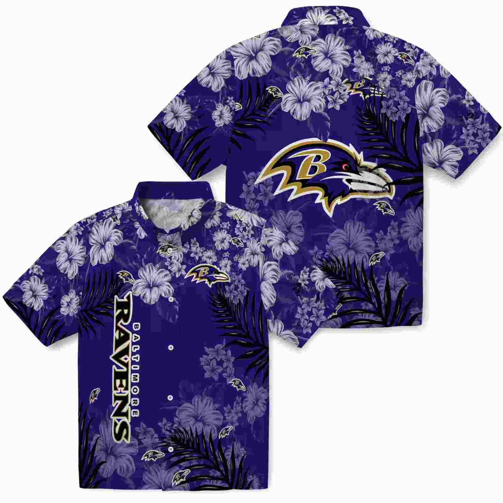 baltimore ravens hibiscus print purple hawaiian shirt high quality